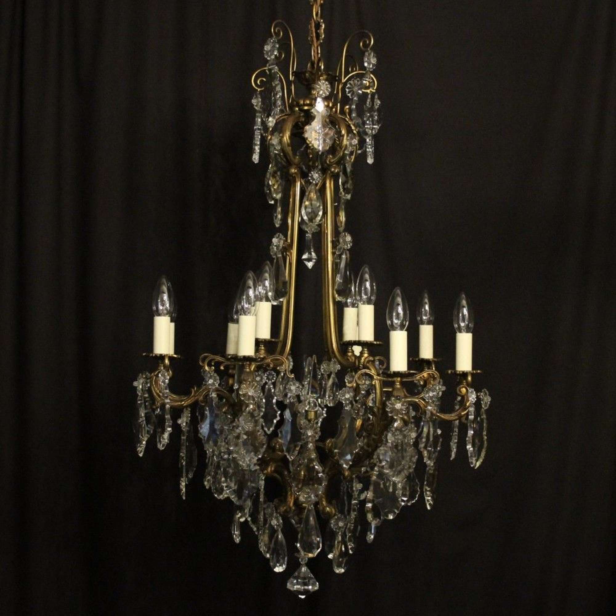 French Gilded Bronze & Crystal 12 Light Antique Chandelier