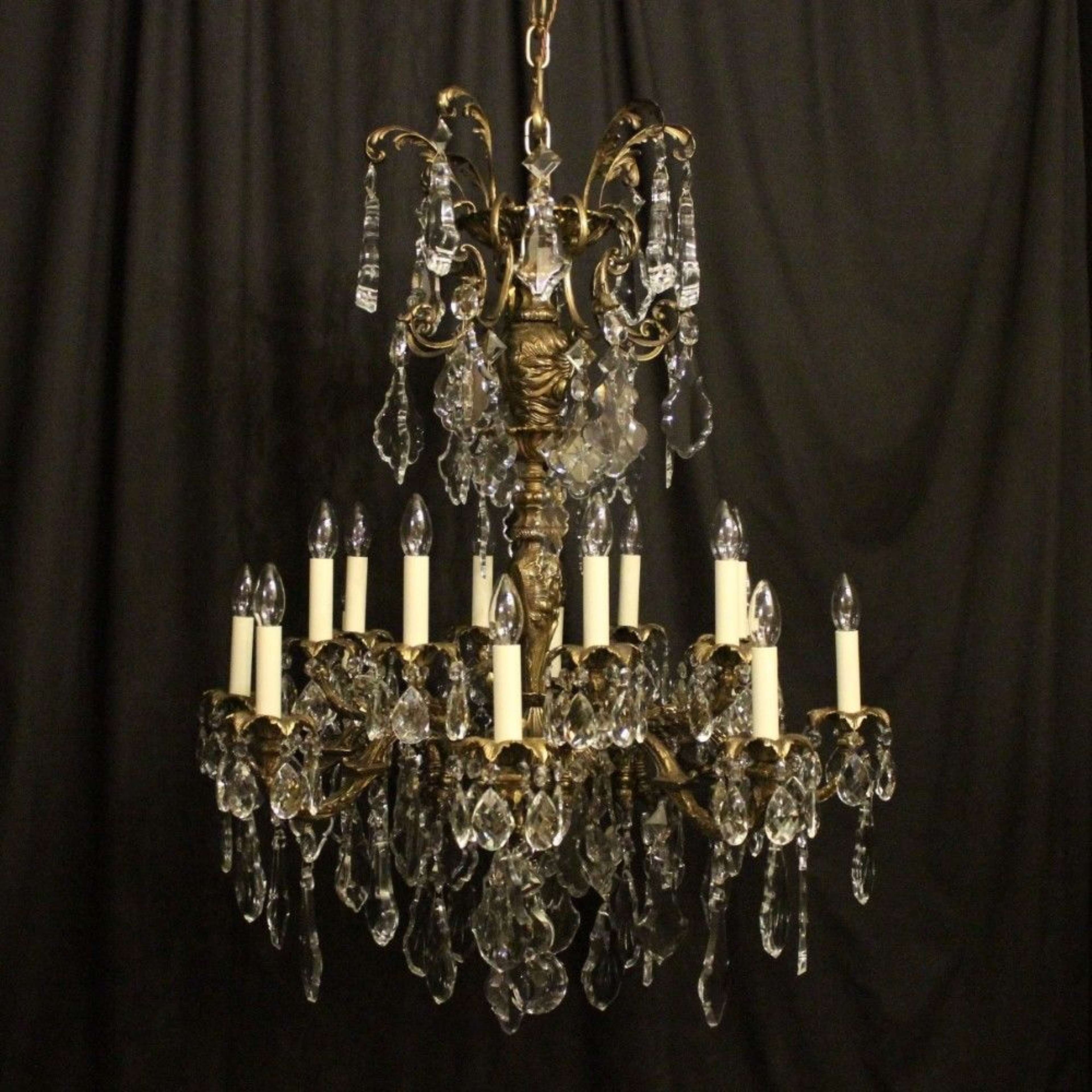 French Gilded Bronze & Crystal 16 Light Antique Chandelier