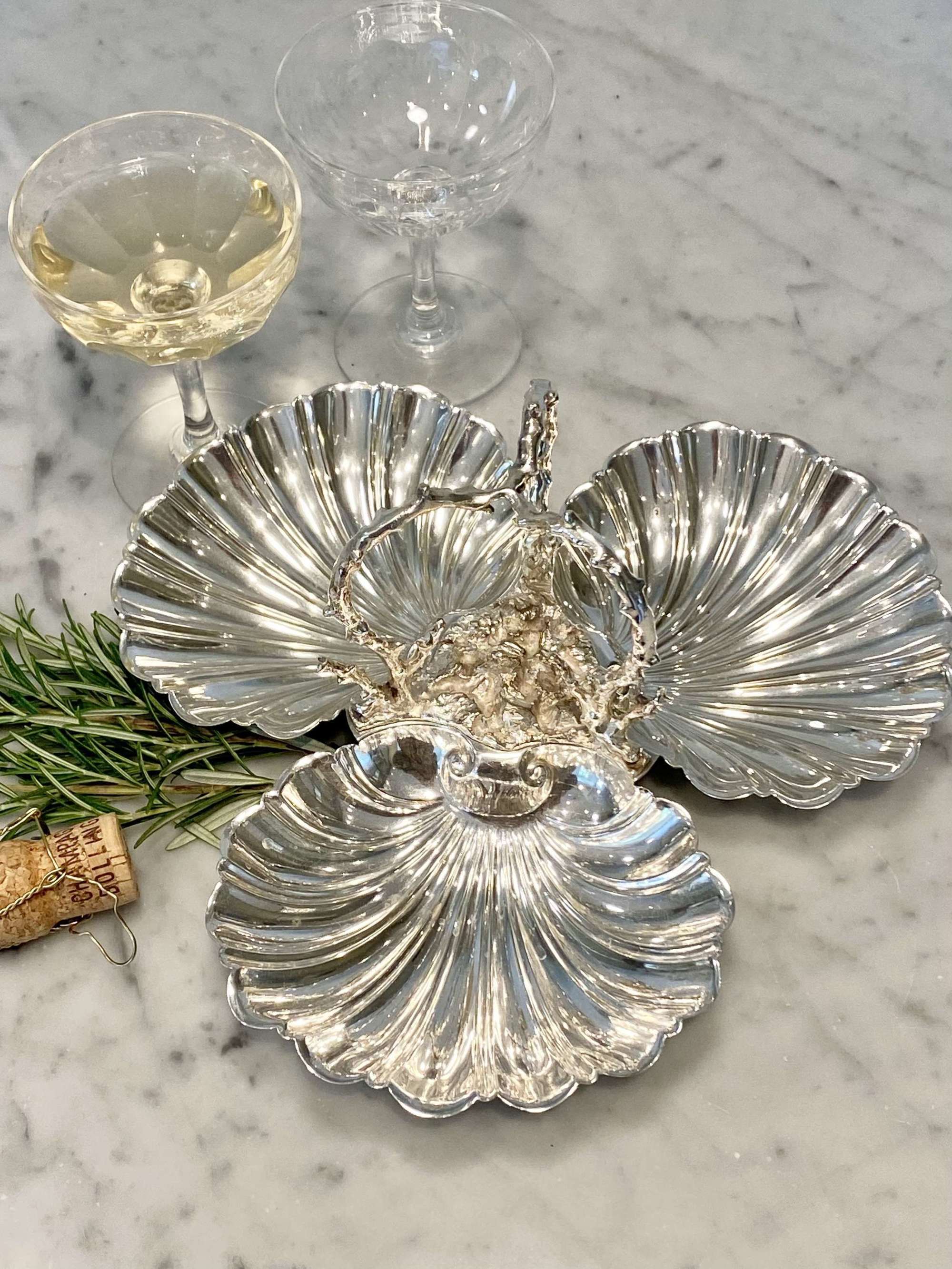 Triple shell silver plated H’ors d’Oeuvres dish with faux coral handle
