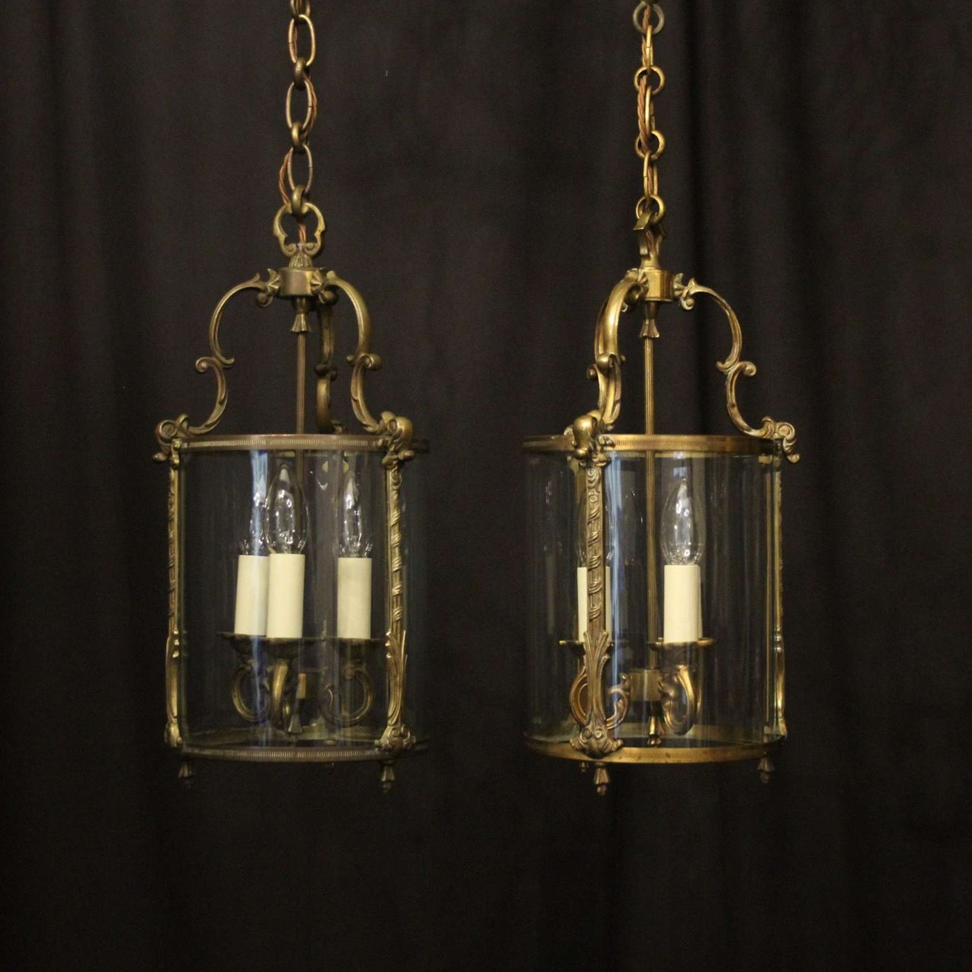 French Pair Of Gilded Triple Light Antique Lanterns