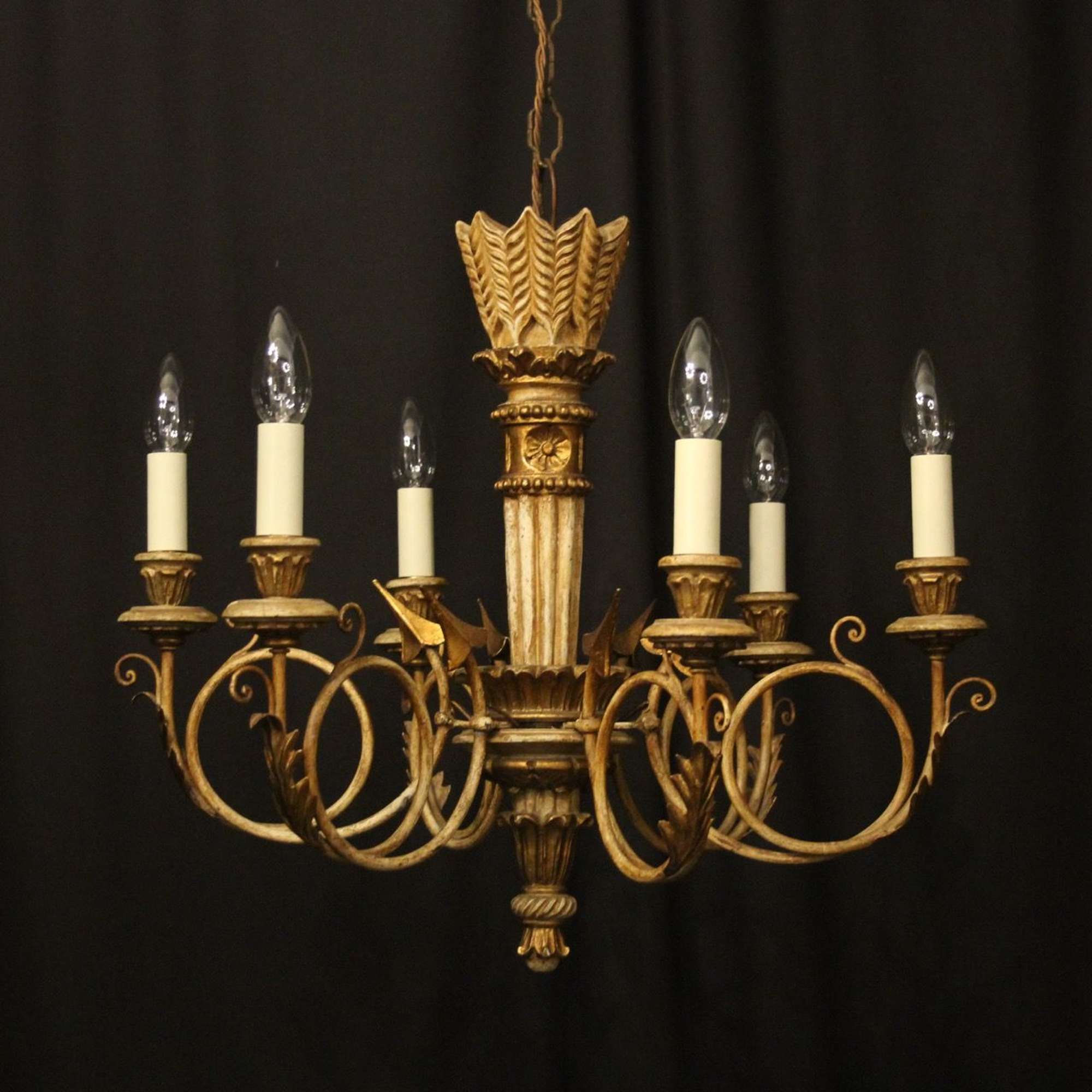 French Giltwood Polychrome 6 Light Chandelier