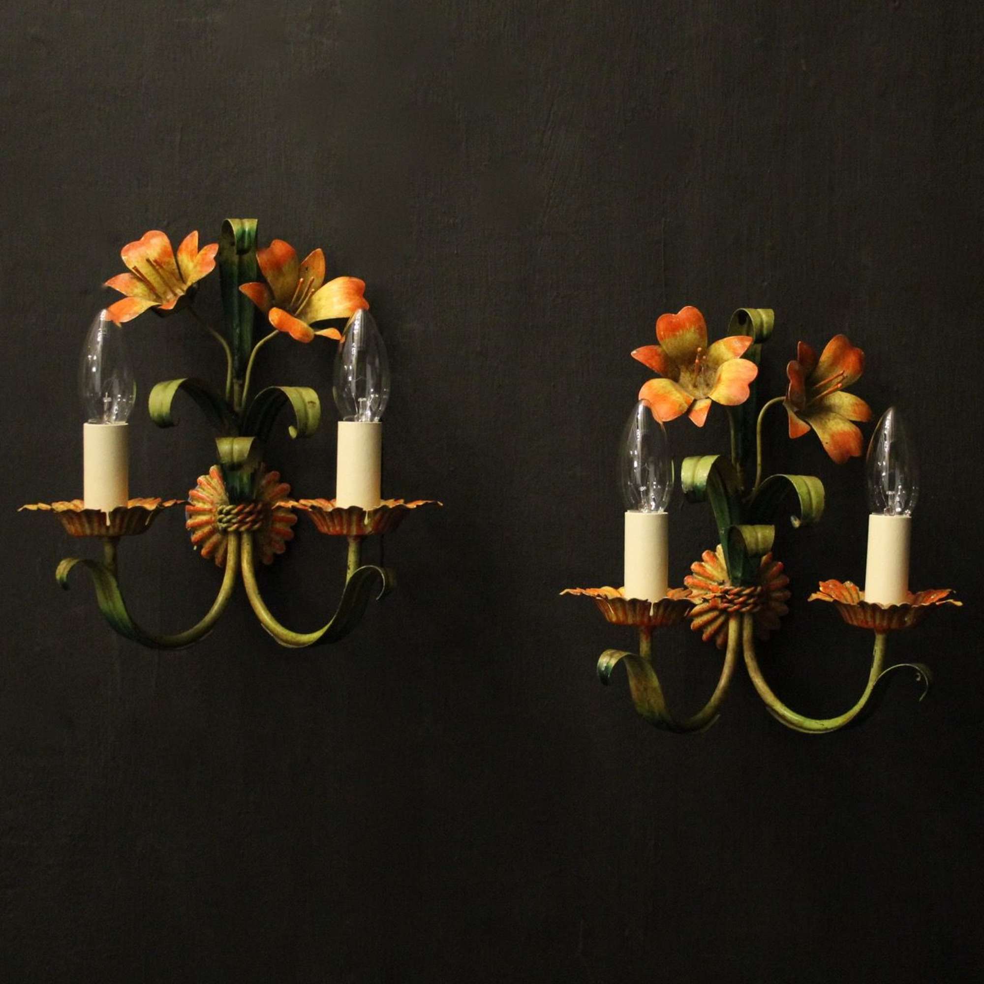 French Pair Of Toleware Twin Arm Vintage Wall Lights