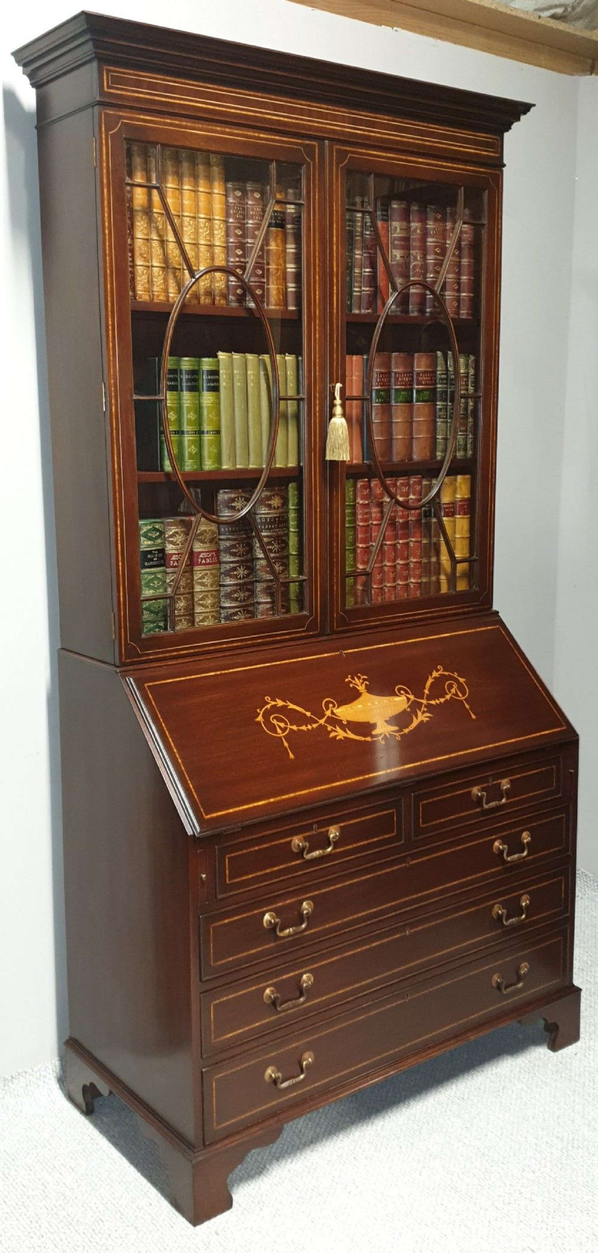 Excellent Quality Inlaid Mahogany Bureau Bookcase