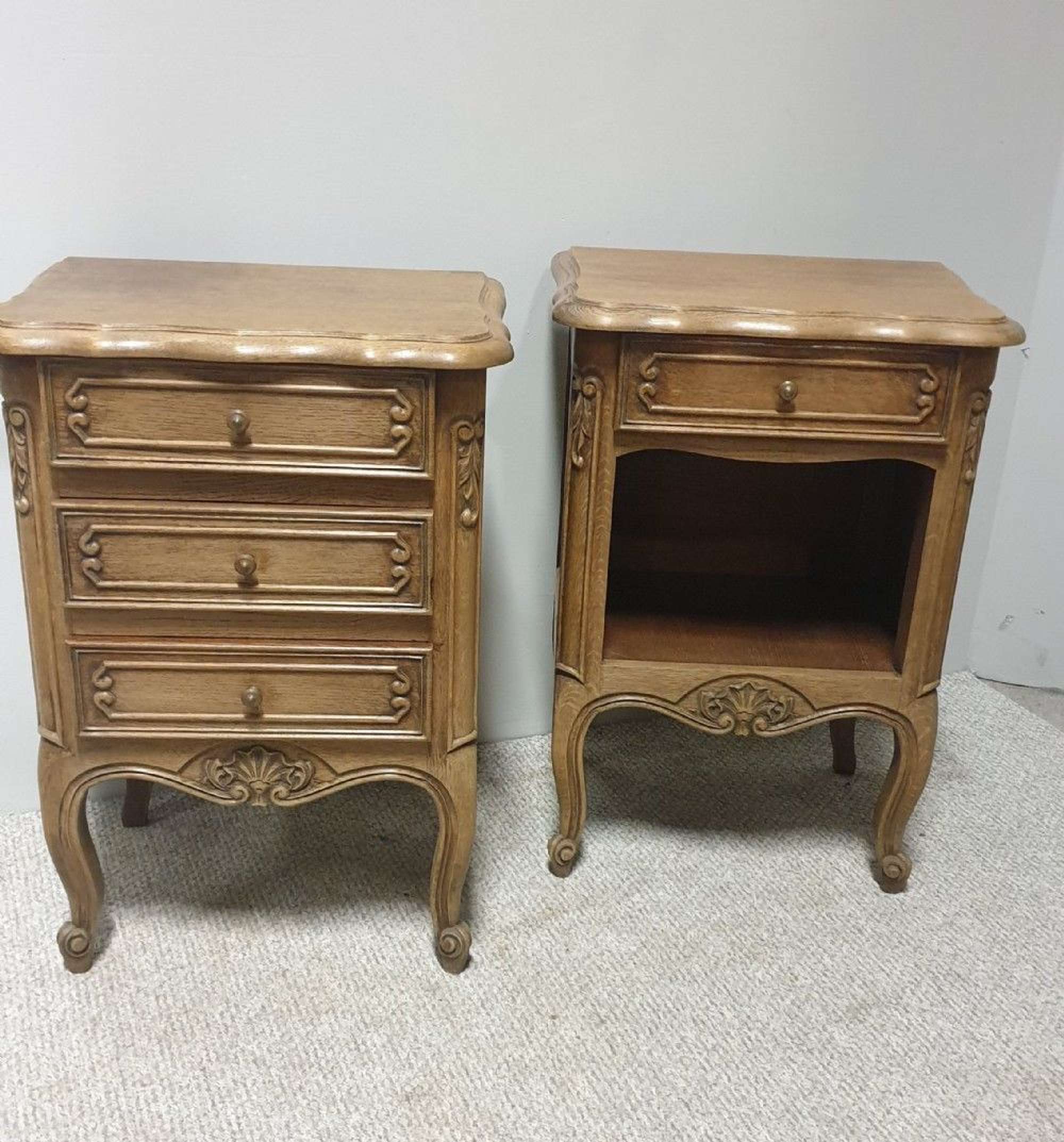 Pair French Bleached Oak Bedside Cabinets