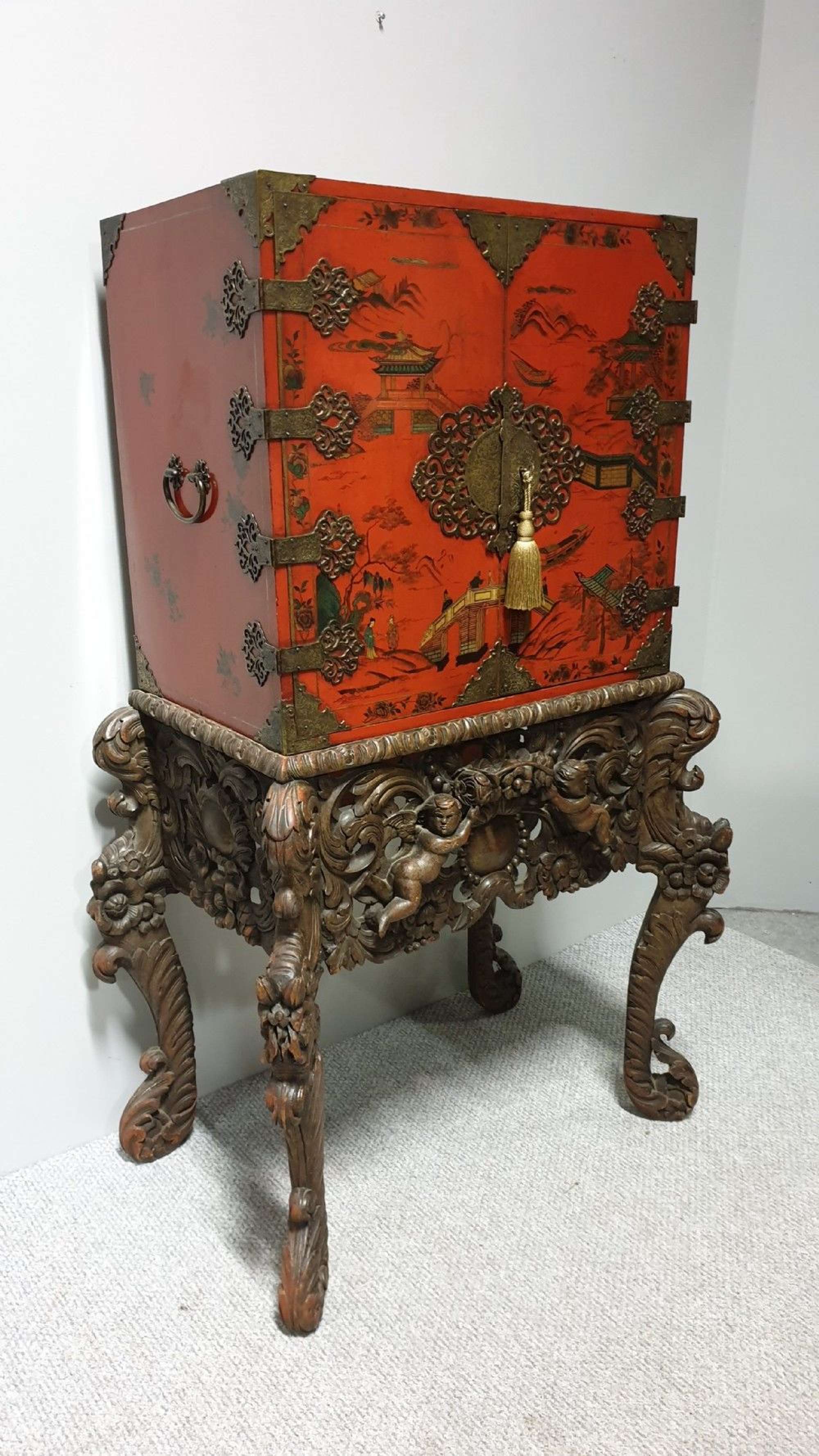 Antique Chinoiserie Red Lacquer Cabinet On  Stand Fitted Interior C1900