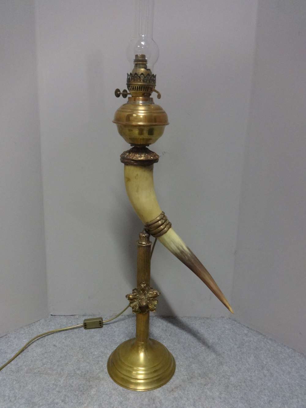 Large Brass Horn Oil Lamp