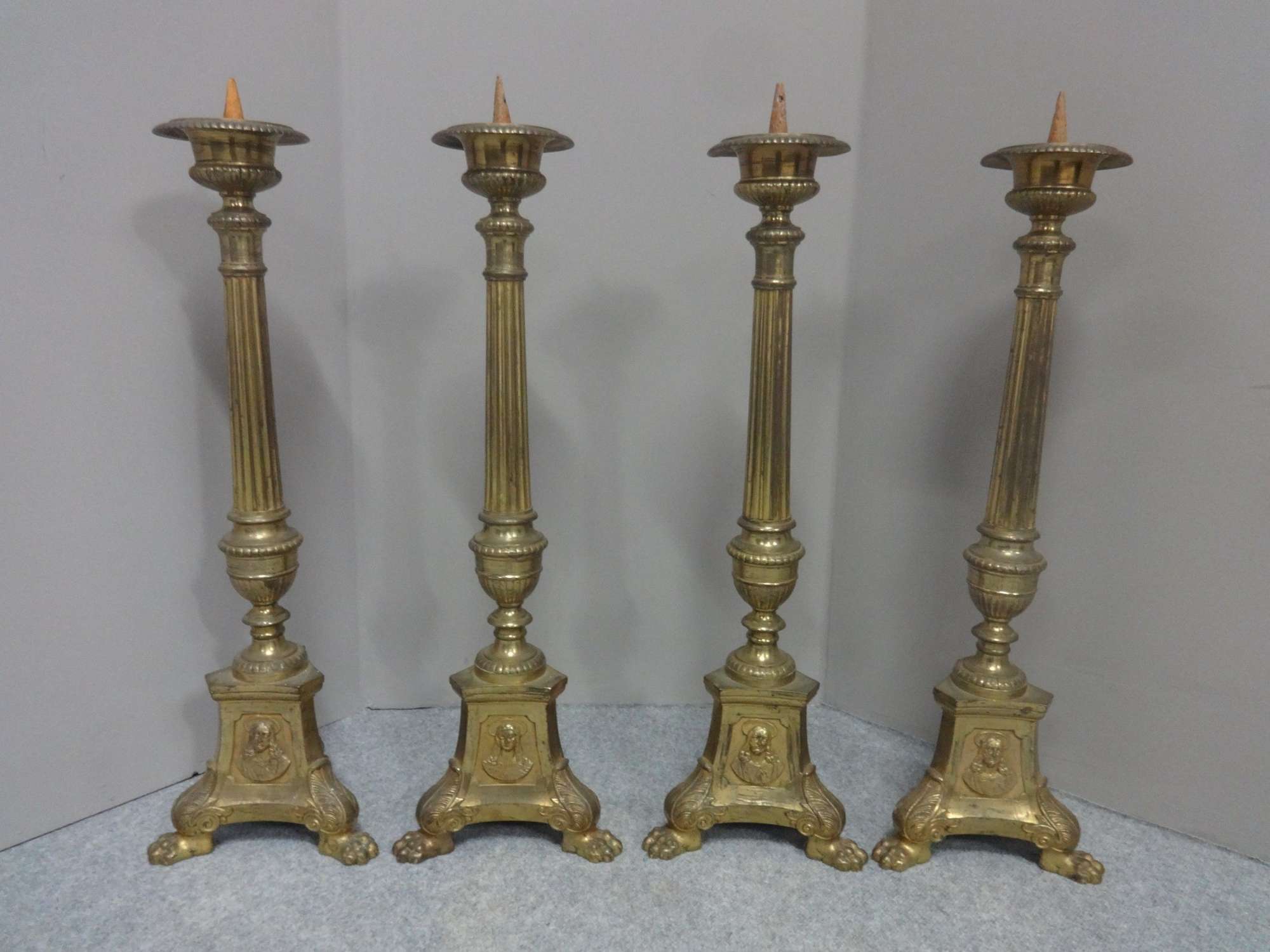 Rare Set Of Four French Brass Church Candlesticks