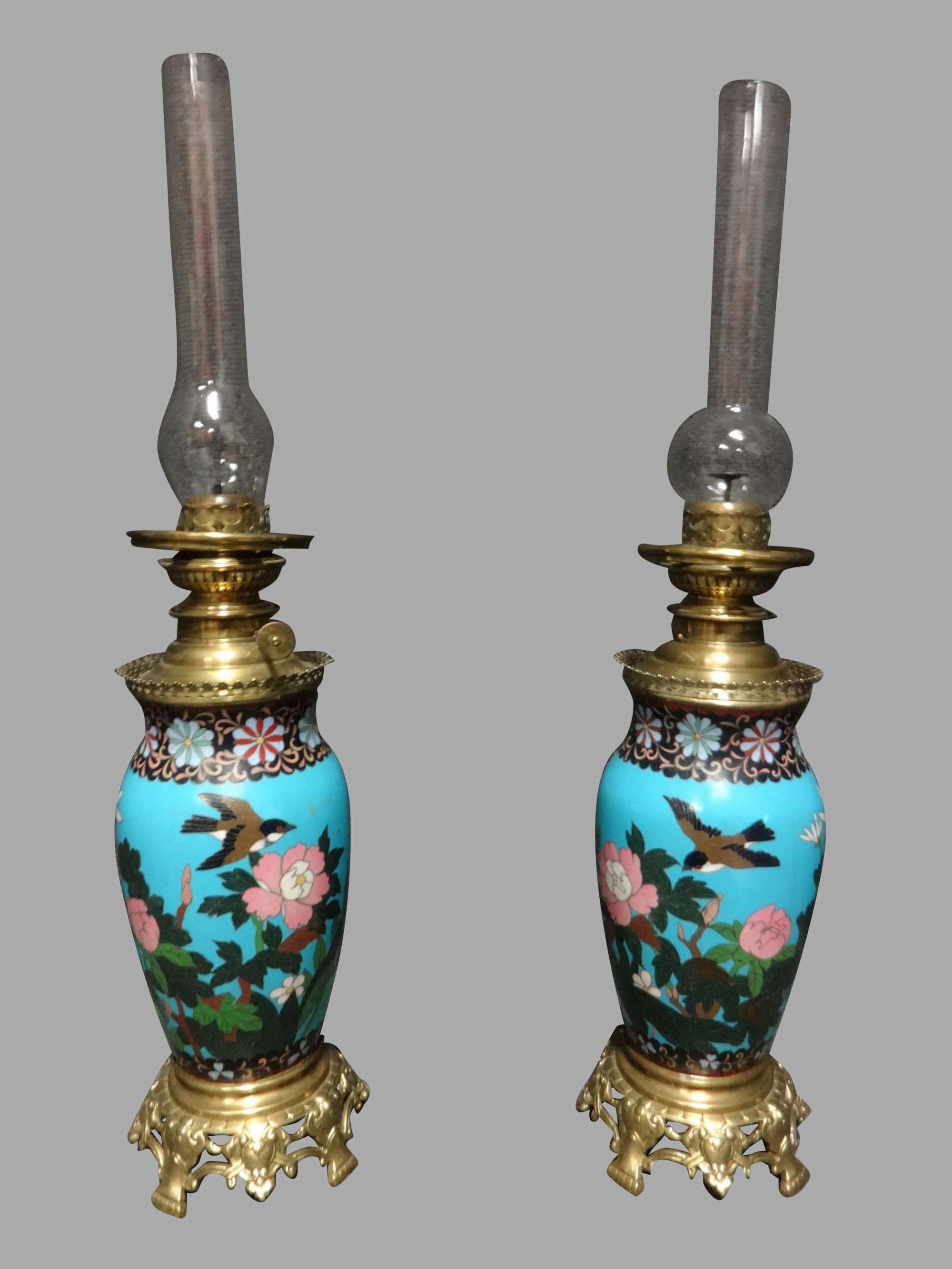 Pair Victorian Cloisonne Oil Lamps