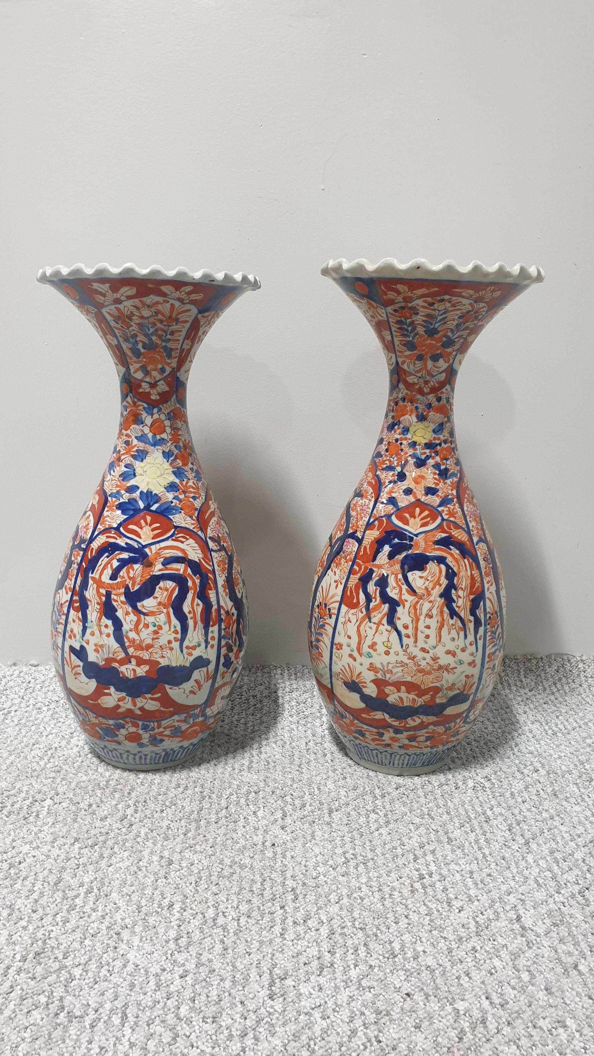 Large Pair Wavy Edged Imari Vases