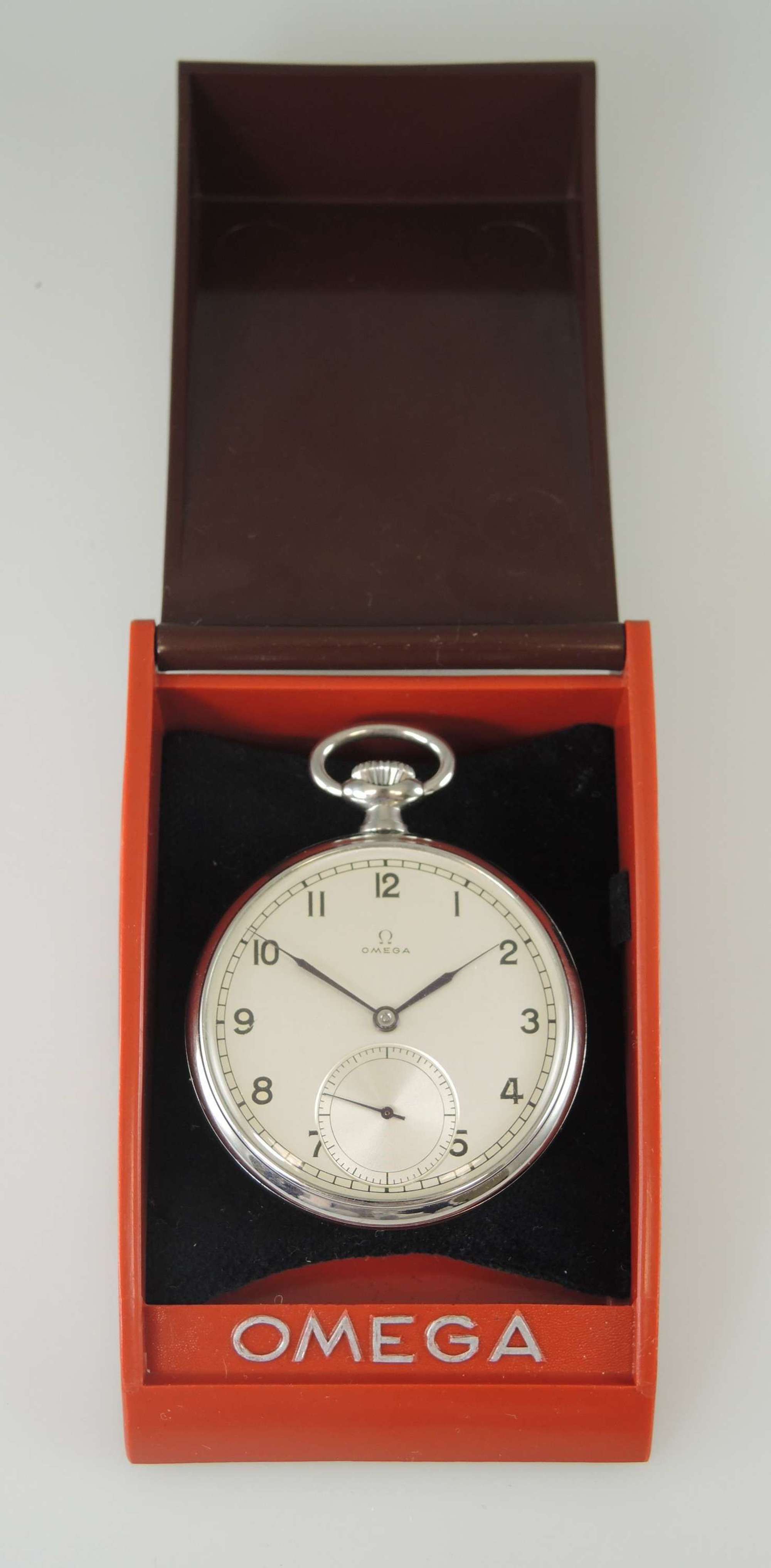 Vintage Steel Omega pocket watch. With bakelite box c1937