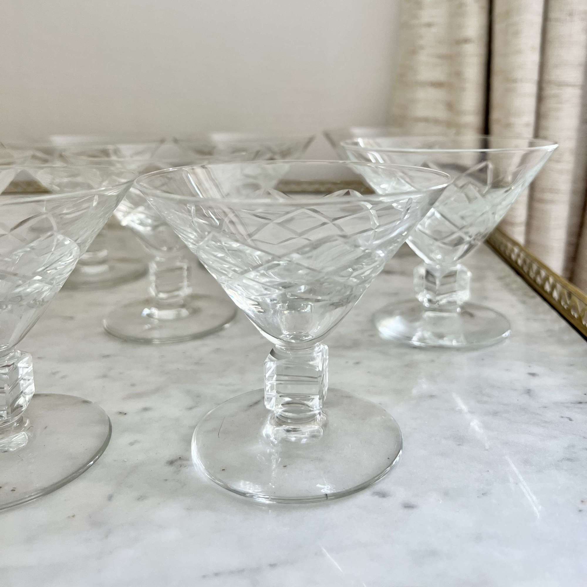 Art Deco cube stem low Martini cocktail glasses