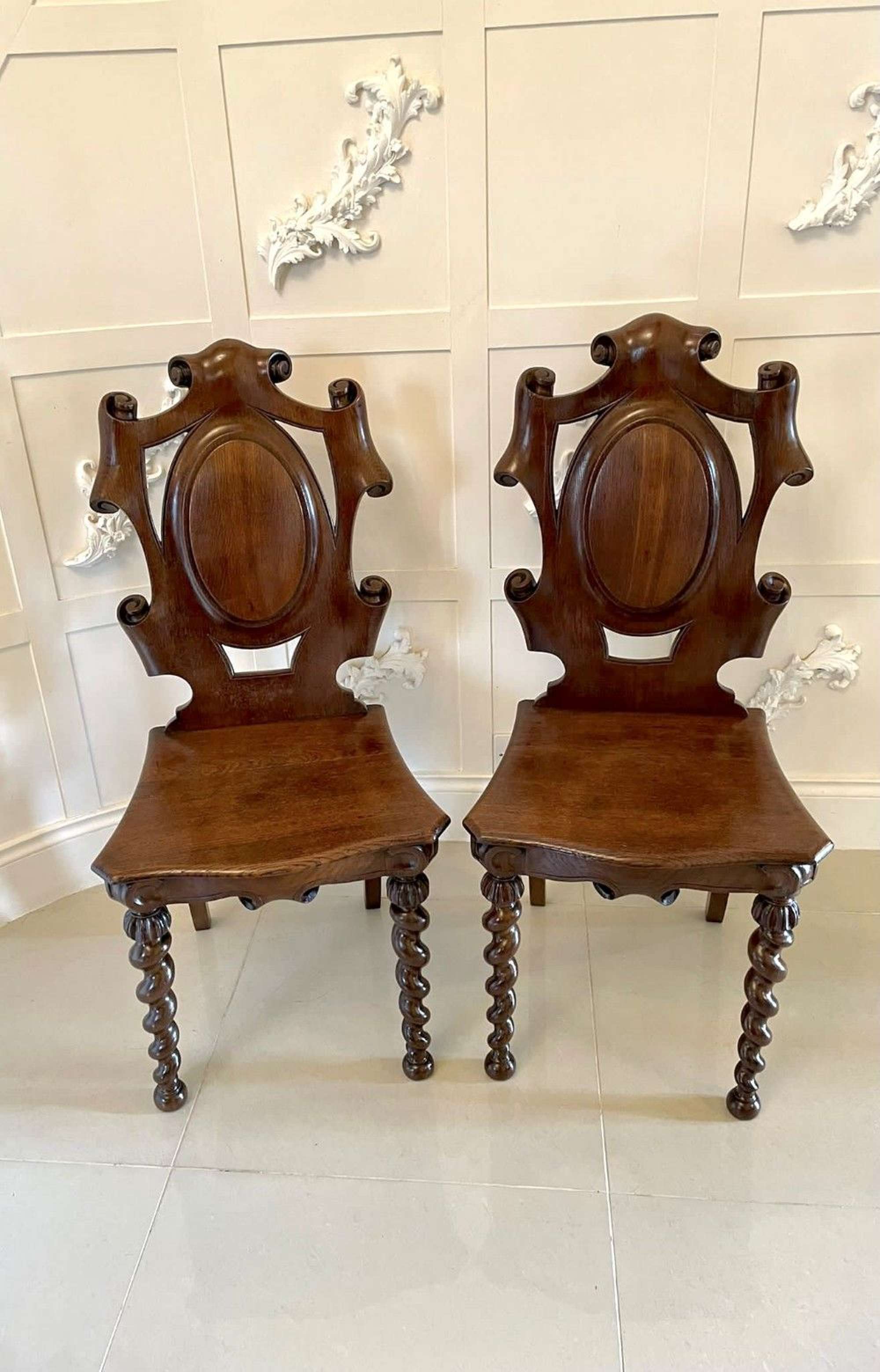 Unusual Pair Of Antique Victorian Oak Hall Chairs