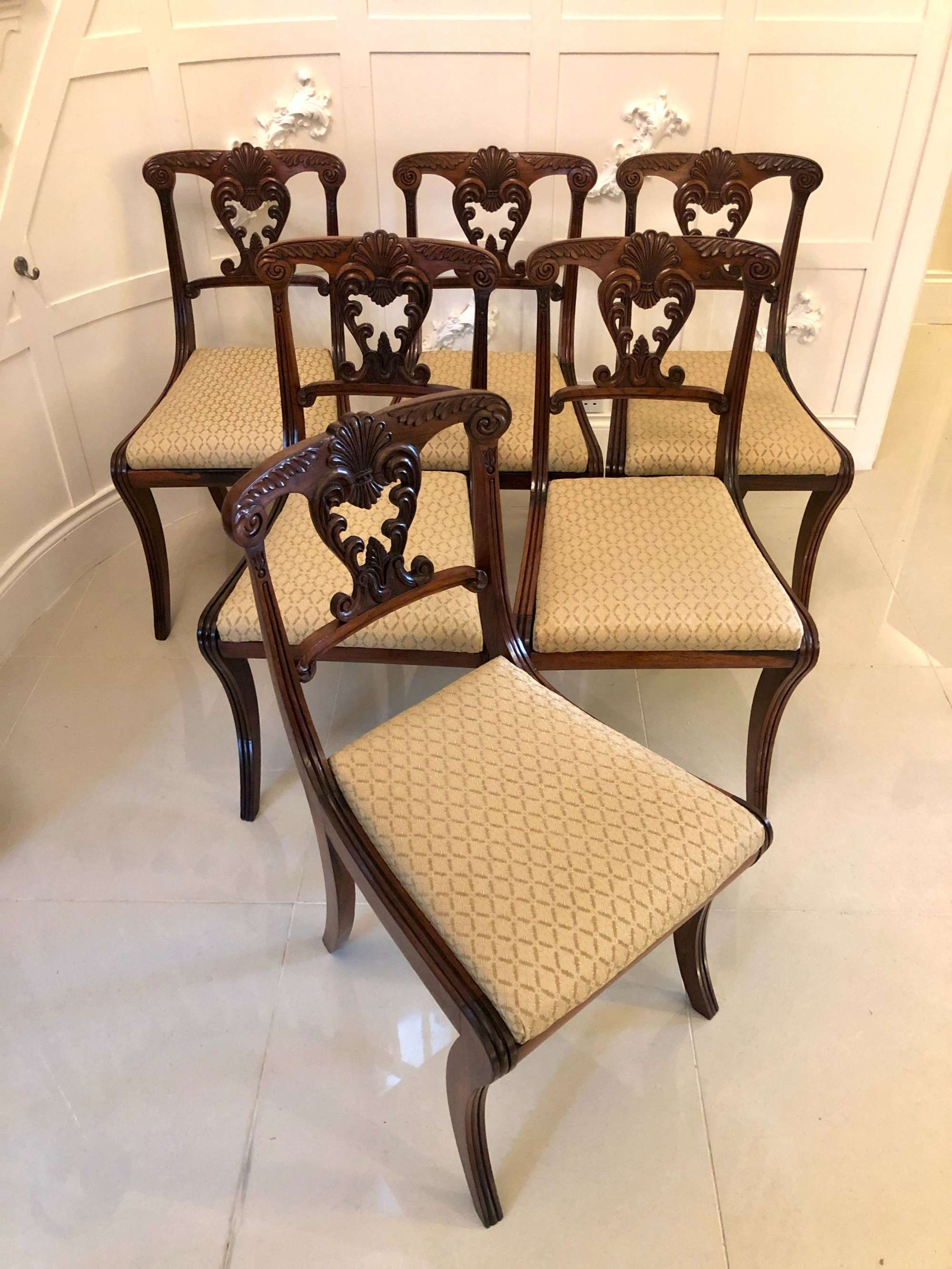 Outstanding Quality Set Of Six Antique Regency Carved Rosewood Dining Chairs