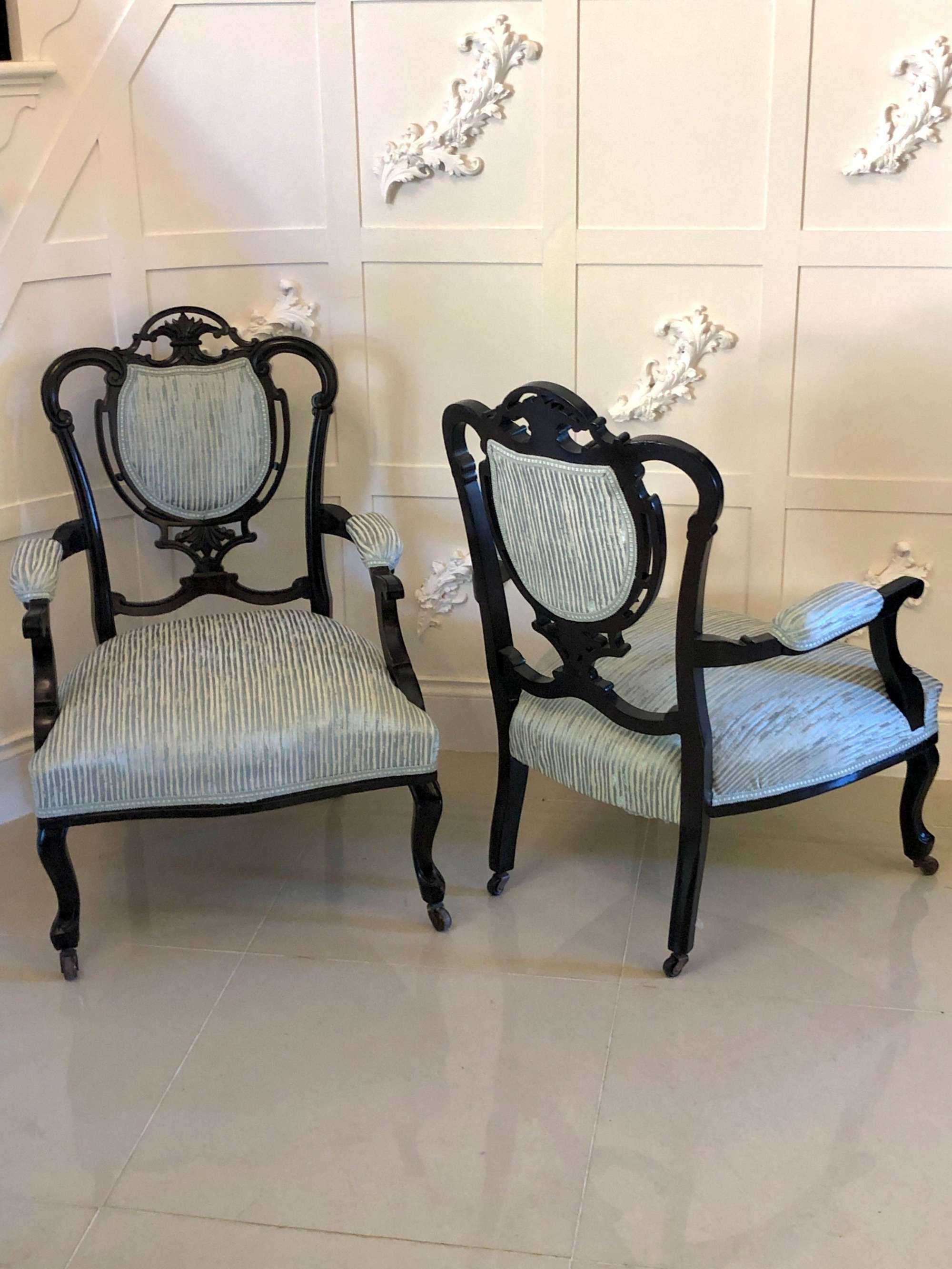 Pair Of Victorian Carved Black Lacquered Antique Library Chairs