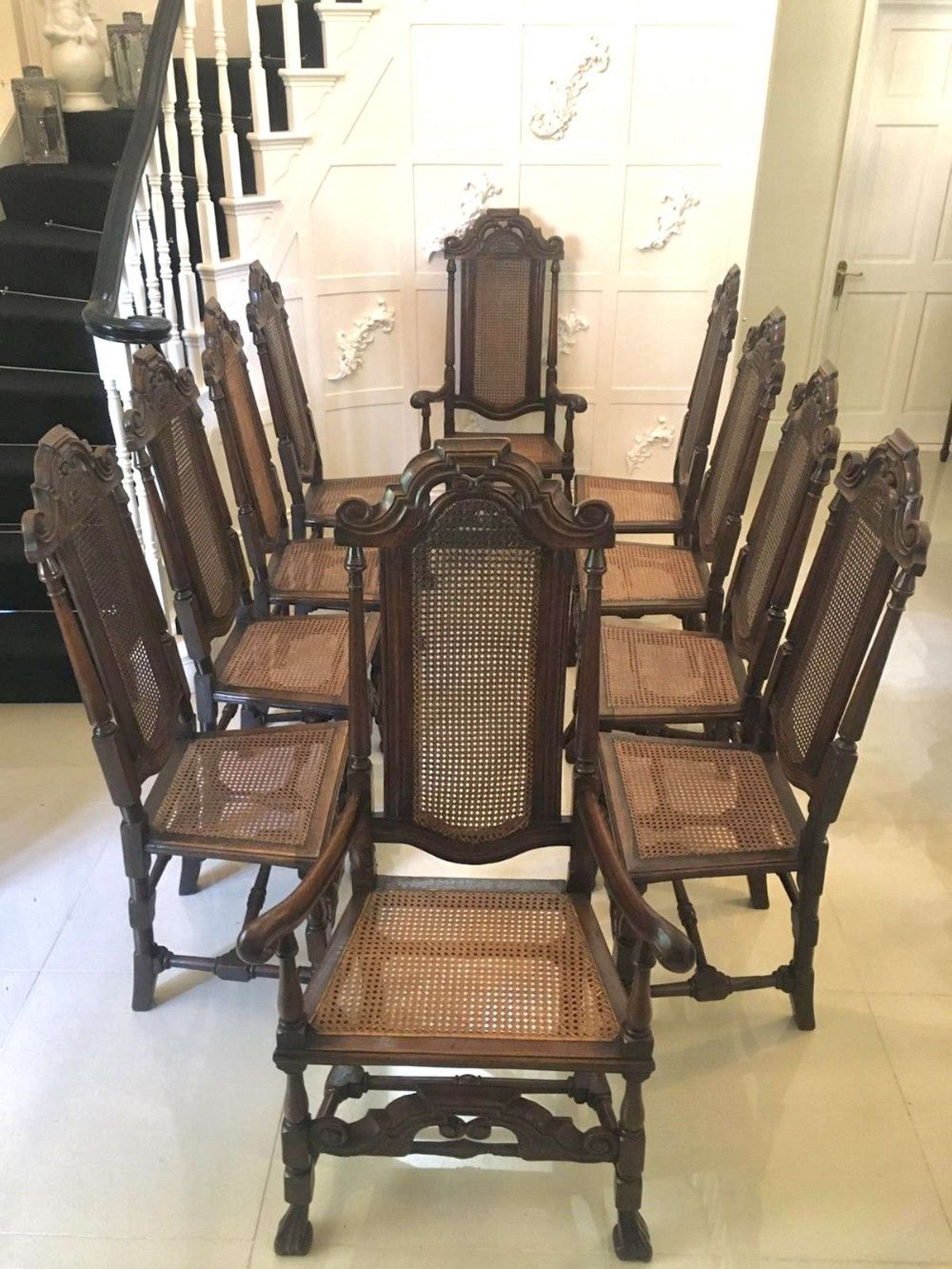 Fine Set Of 10 Antique Carved Oak Carolean Style Chairs