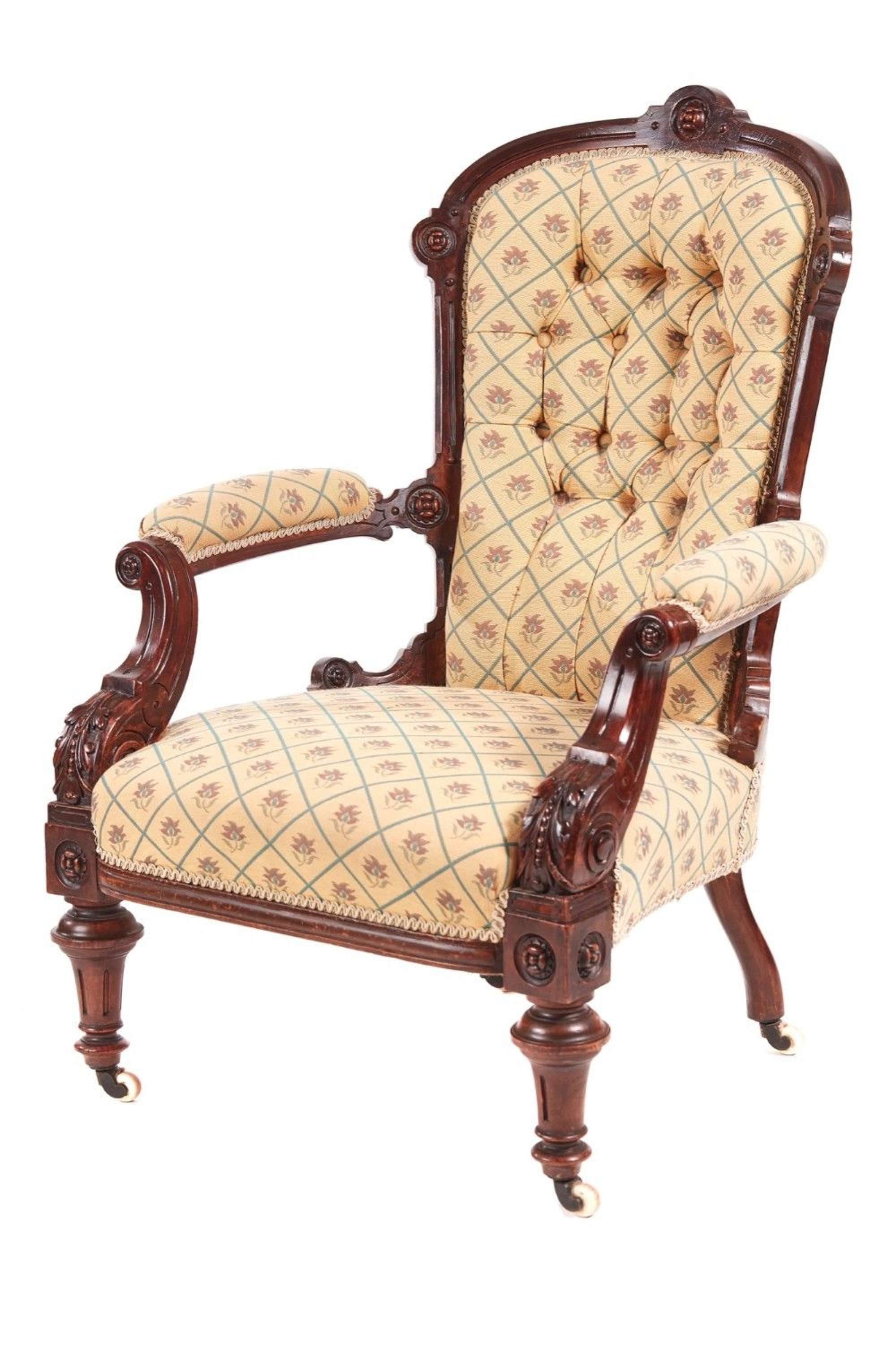Quality Victorian Carved Walnut Turned Leg Antique Armchair