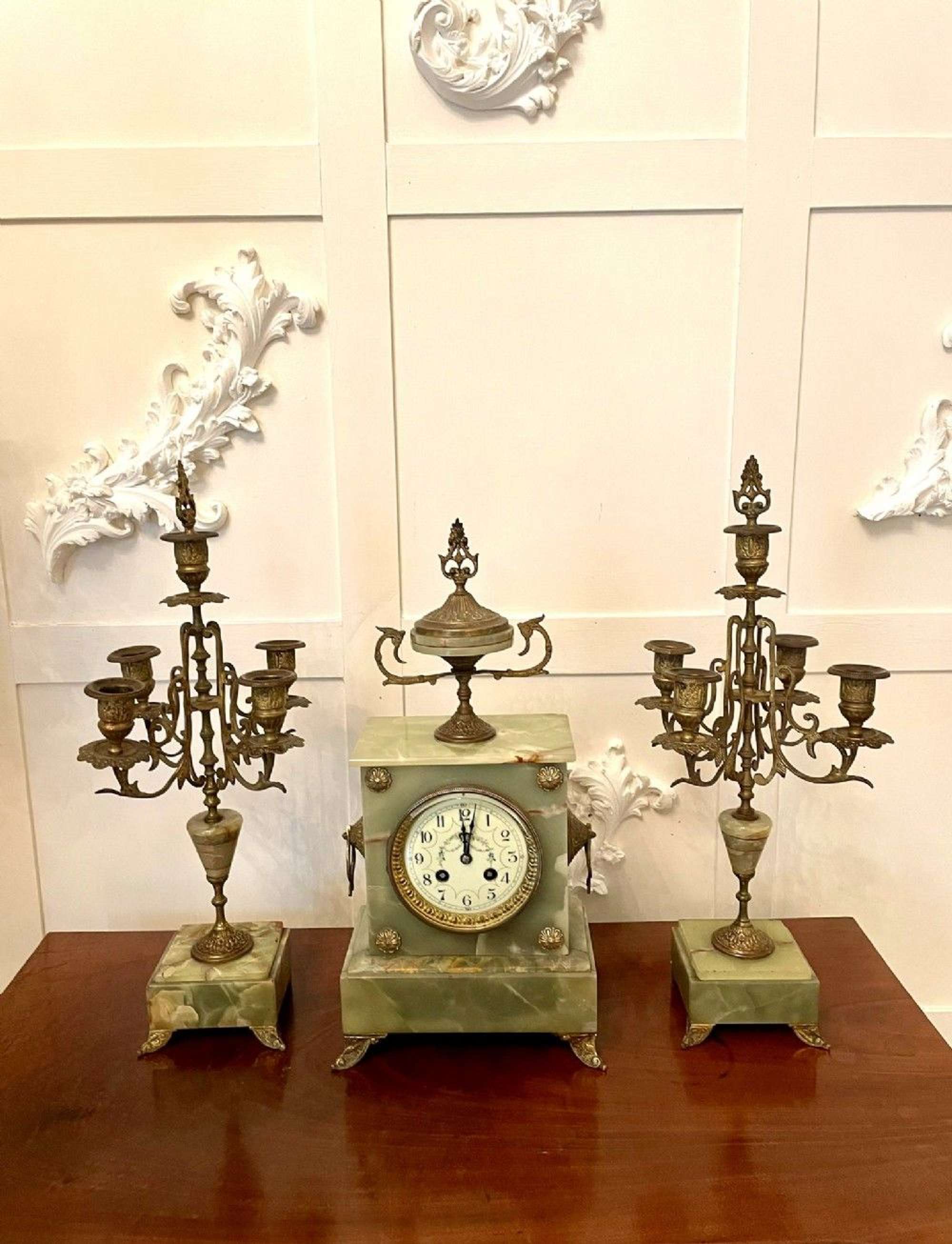 Antique Victorian Quality Green Onyx Ornate Clock Garniture
