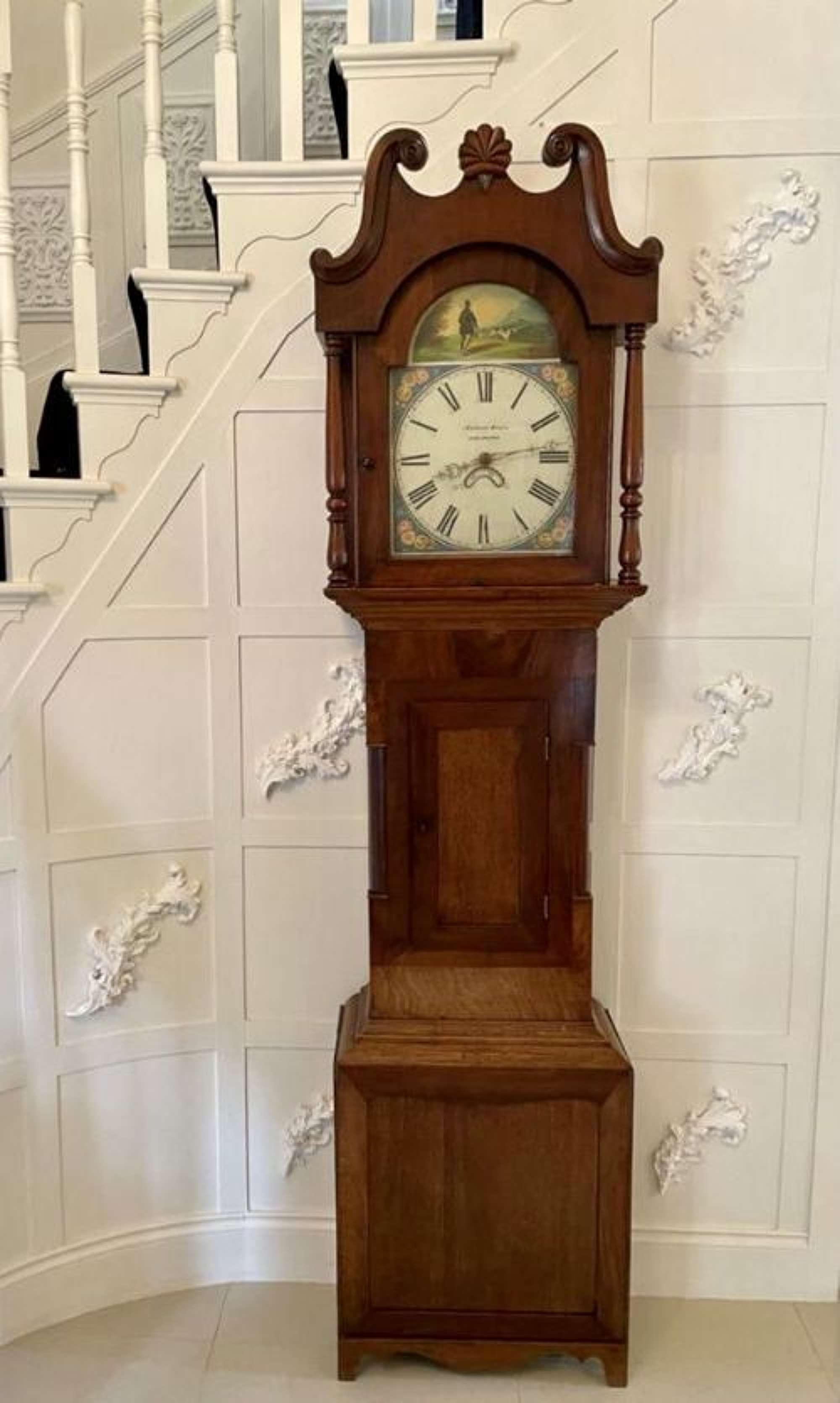 Antique Victorian Oak & Mahogany Painted Arched Dial Grandfather Clock 
Signed Anthony Binks