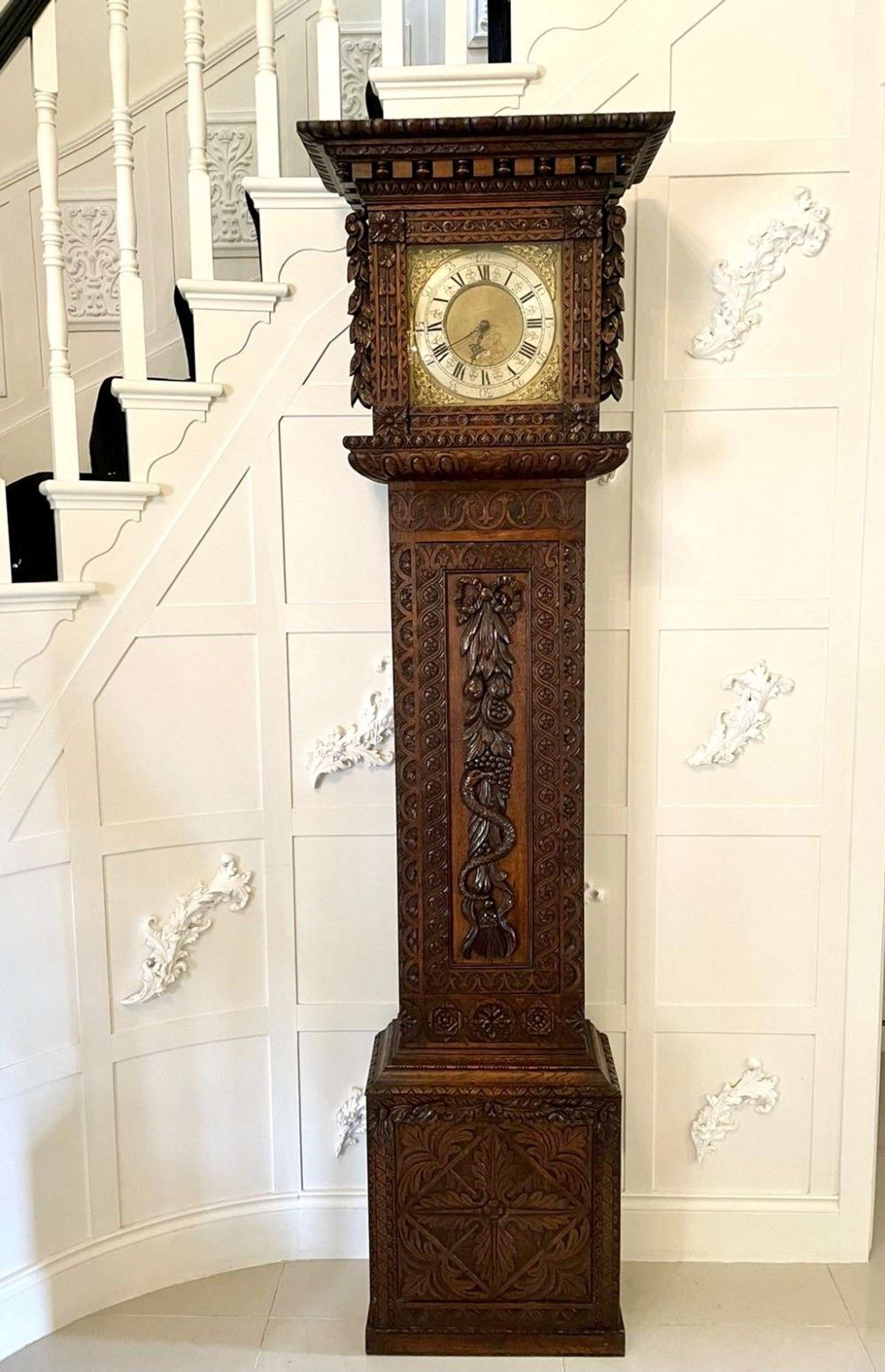 Outstanding Quality Carved Oak Brass Face Antique Grandfather Clock