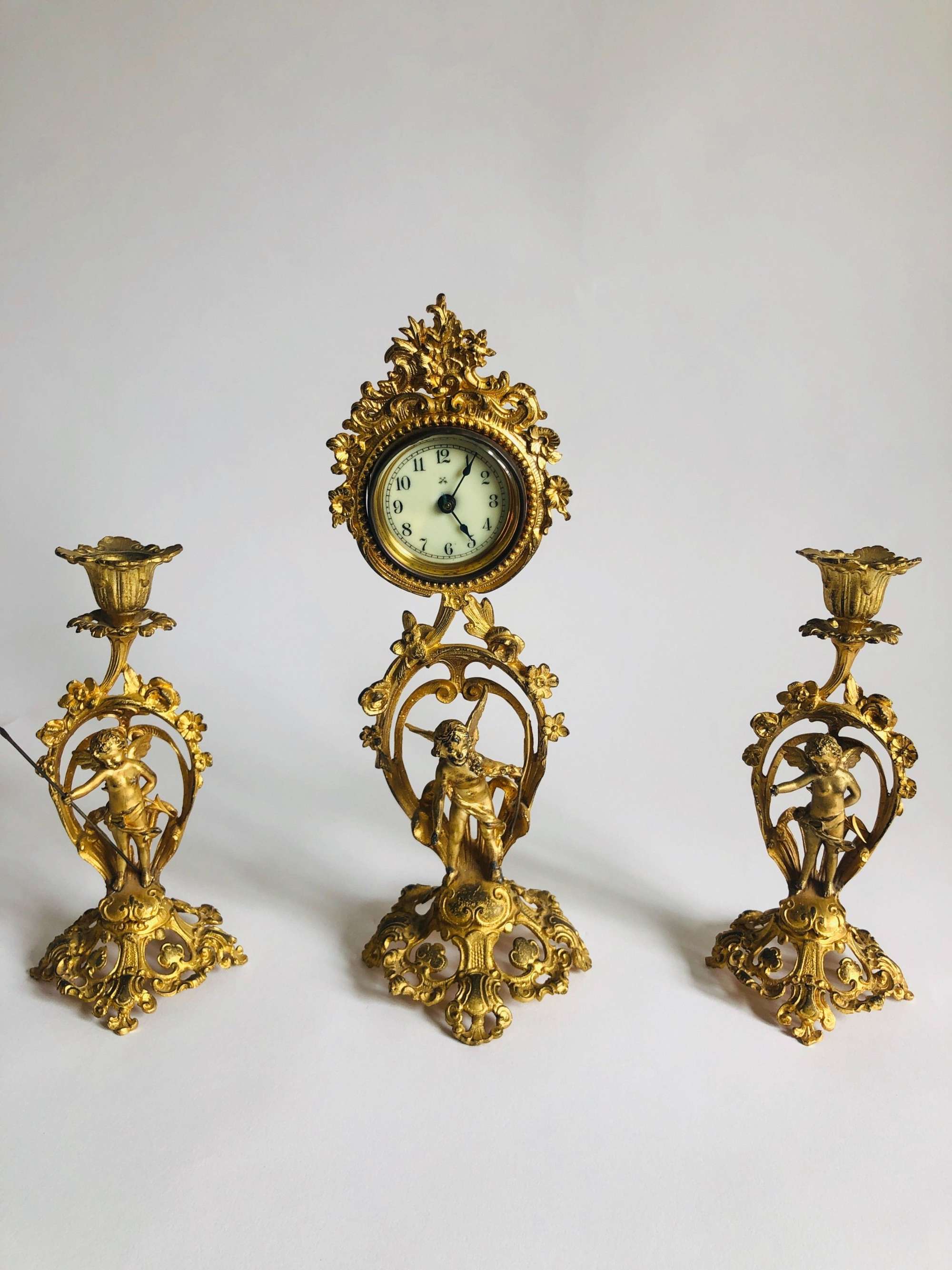 Fine Victorian Ornate Gilded Antique Clock Set