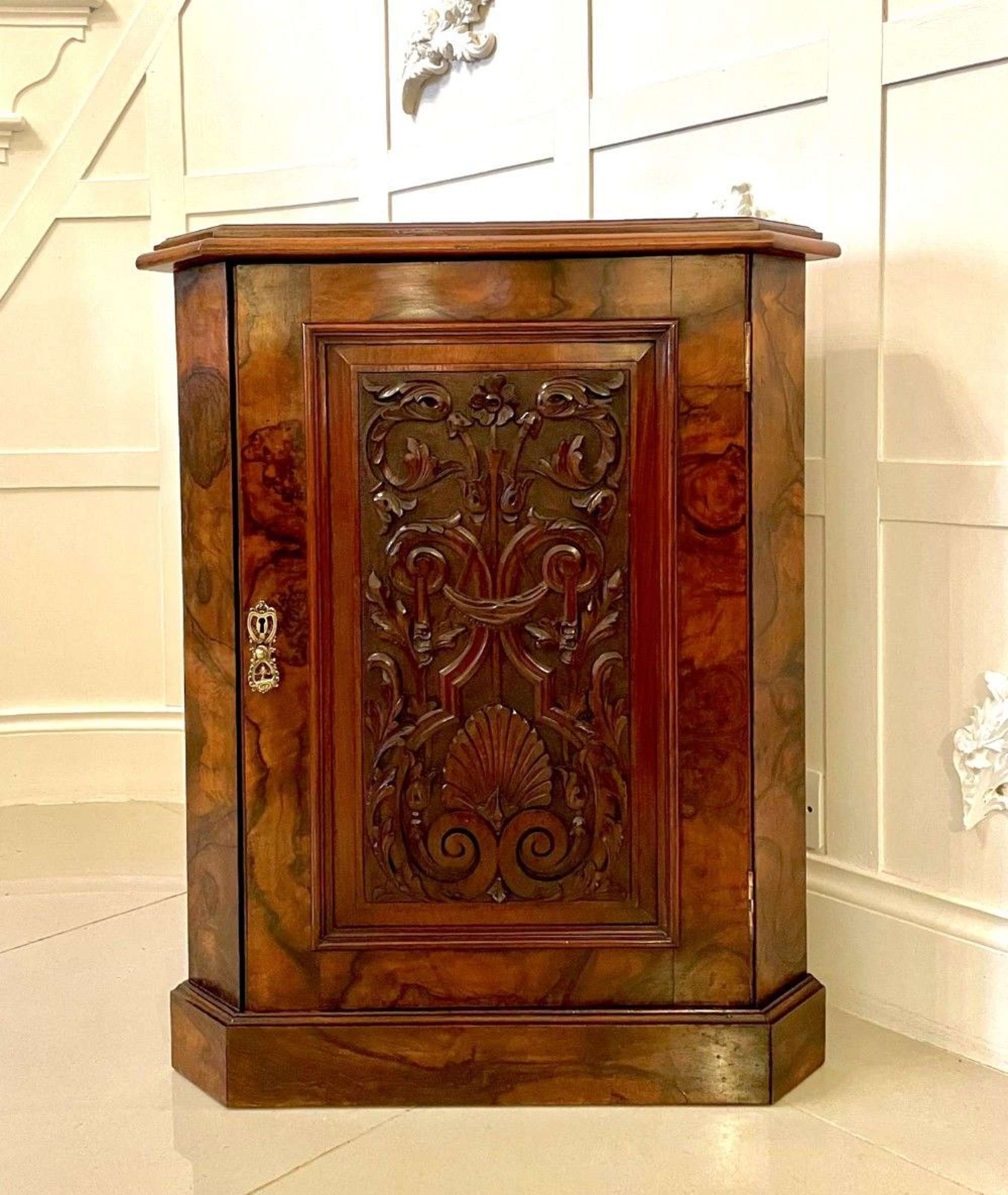 Fine Antique Victorian Burr Walnut Carved Corner Cupboard