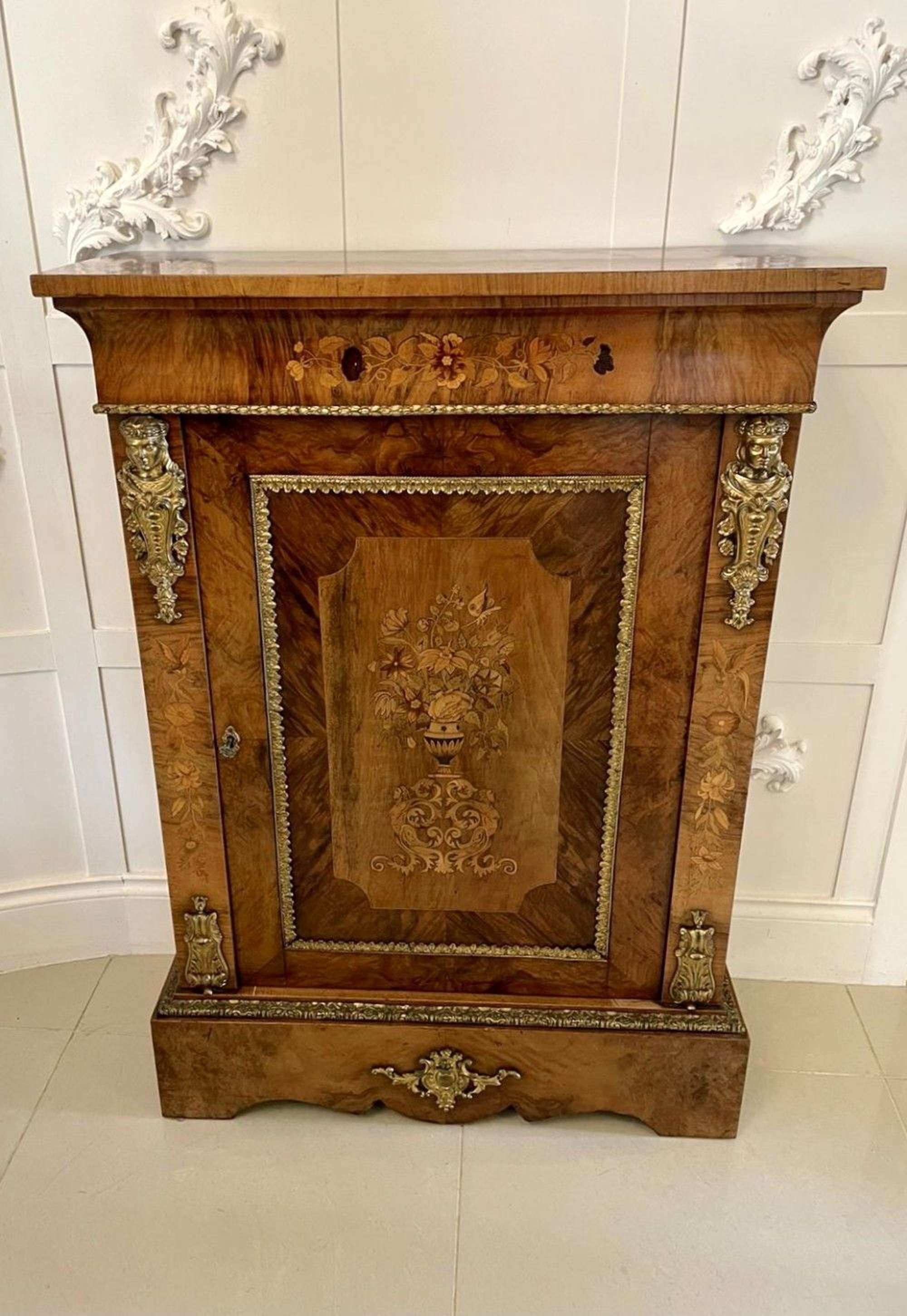 Outstanding Quality Antique Victorian Burr Walnut Floral Marquetry Inlaid Side Cabinet