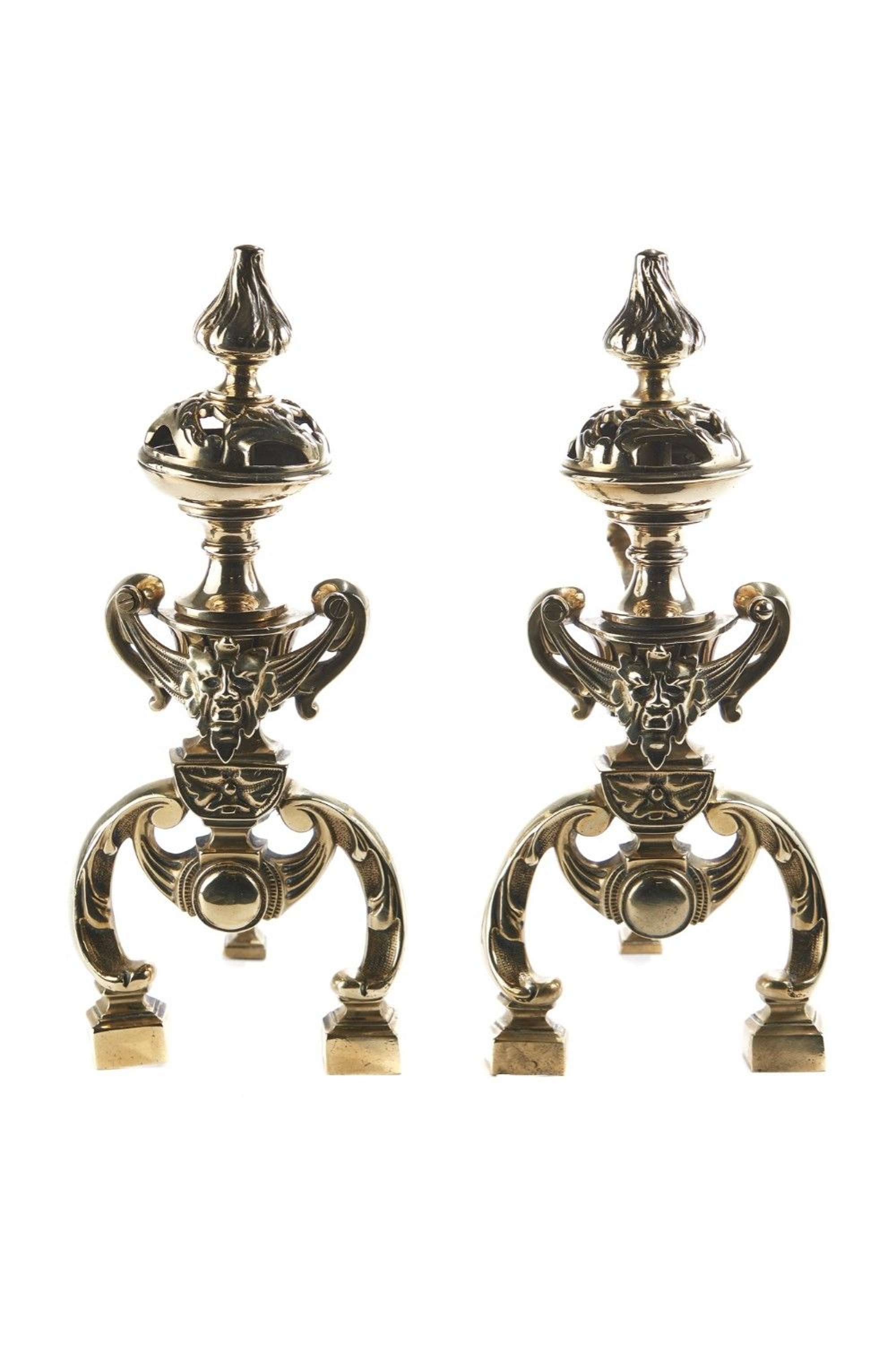 Fine Quality Pair Of Antique Victorian Ornate Brass Fire Dogs