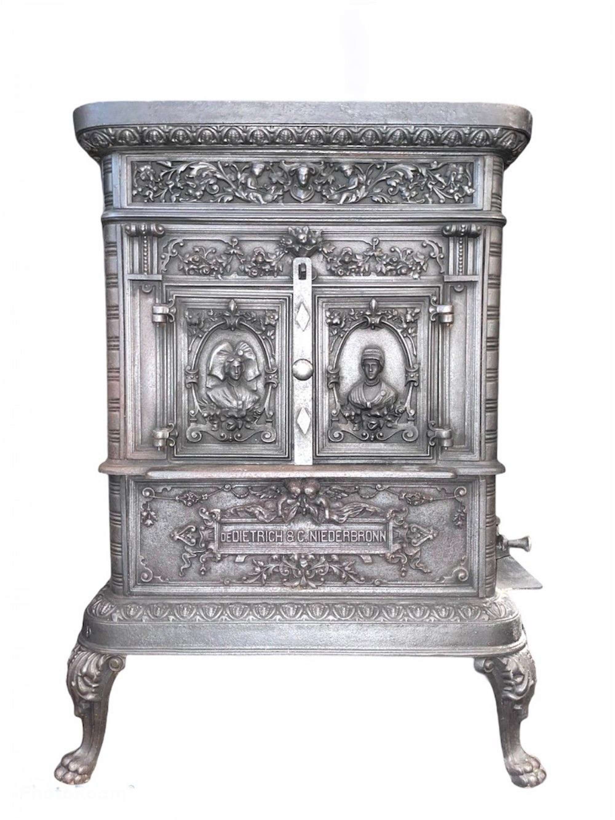 Antique Victorian Ornate Cast Iron Wood Burning Stove By De Dietrich &