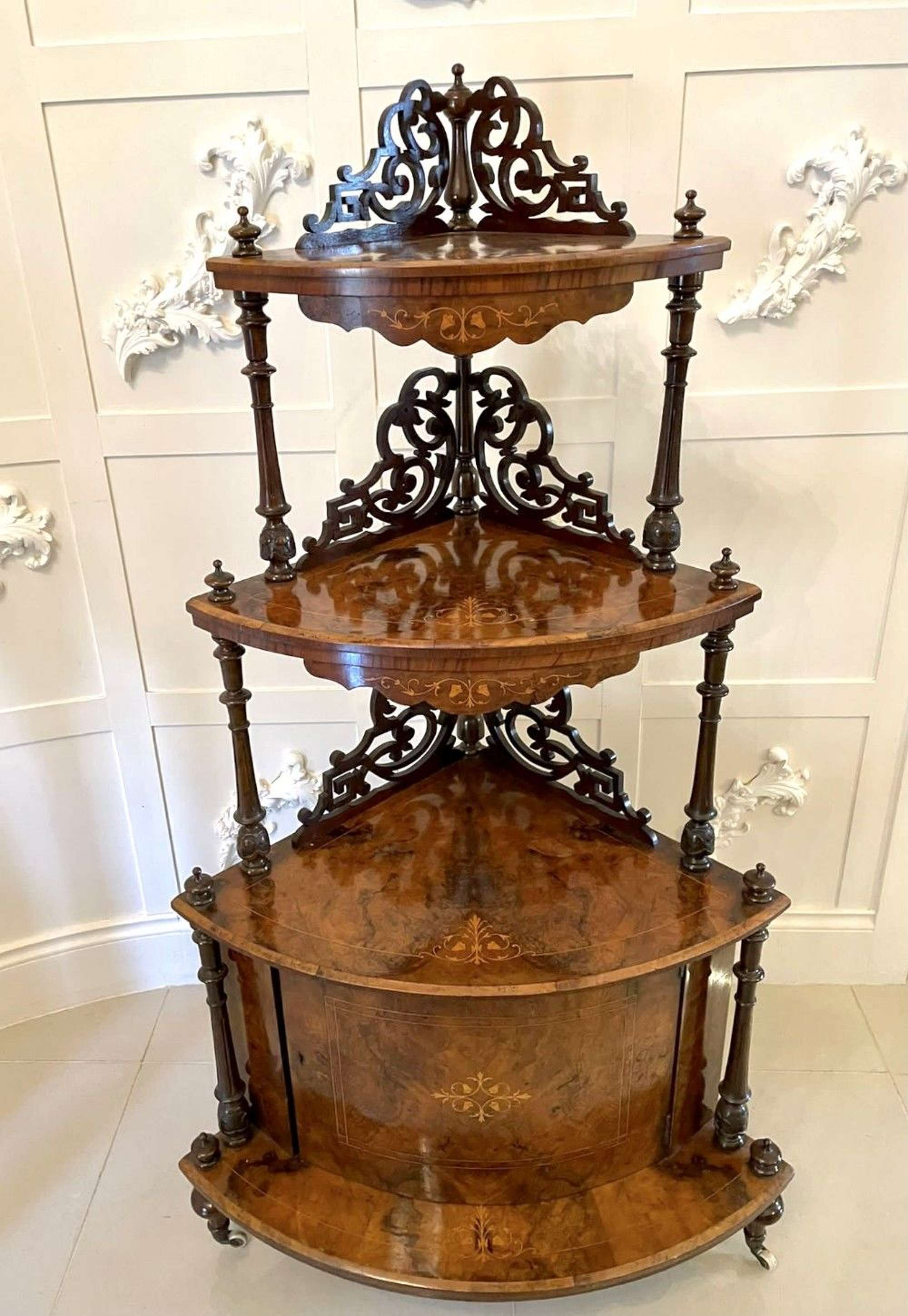Large Outstanding Quality Antique Victorian Inlaid Burr Walnut Corner Whatnot