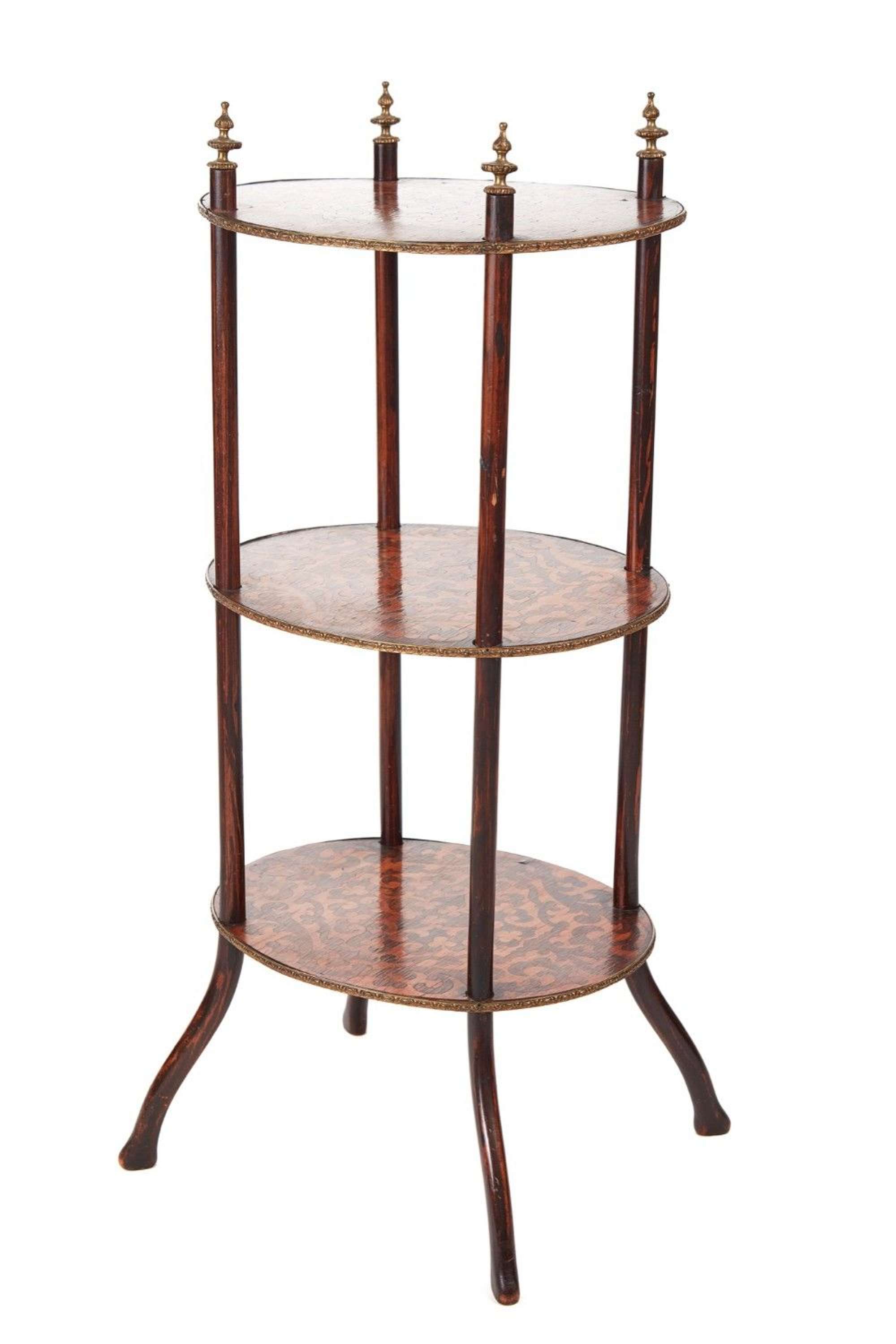 19th Century Victorian Antique Three Tier Oval Inlaid Stand