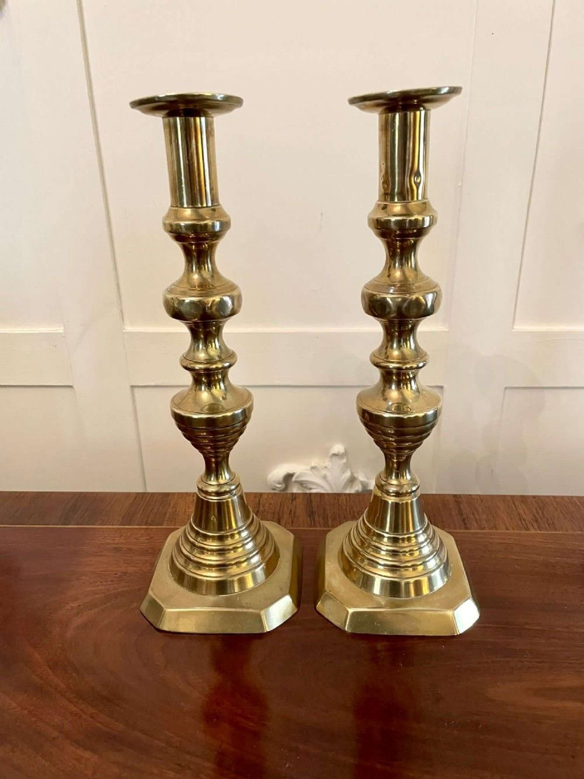 Large Pair Of Antique Victorian Brass Candlesticks