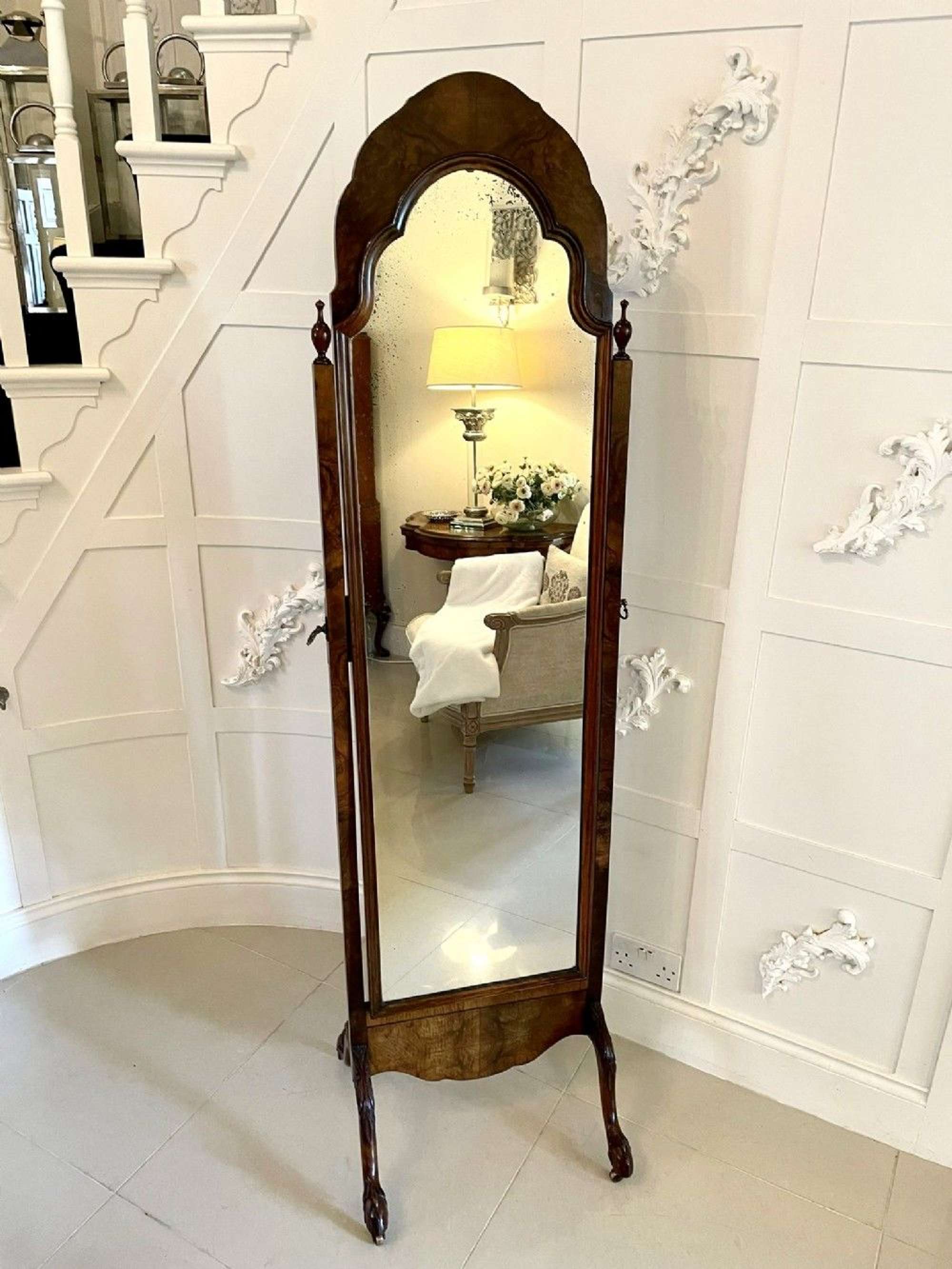 Antique Quality Burr Walnut Carved Cheval Mirror