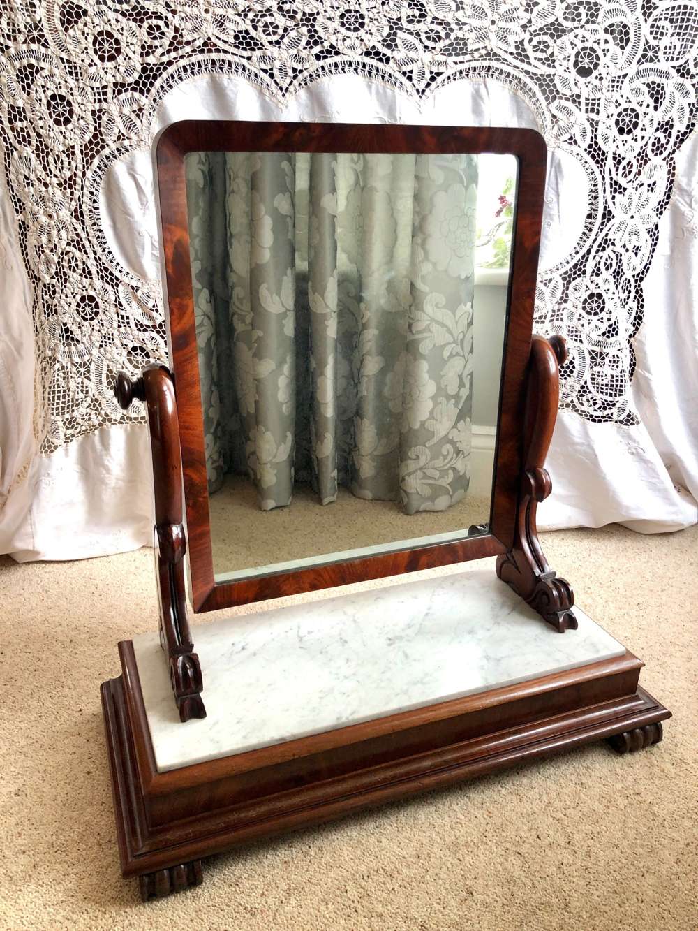 Large Antique Victorian Mahogany And Marble Topped Toilet Swing Mirror