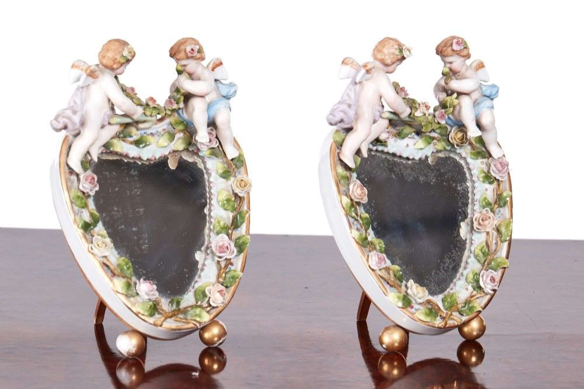 Pair Of Antique Continental Porcelain Heart Shaped Mirrors