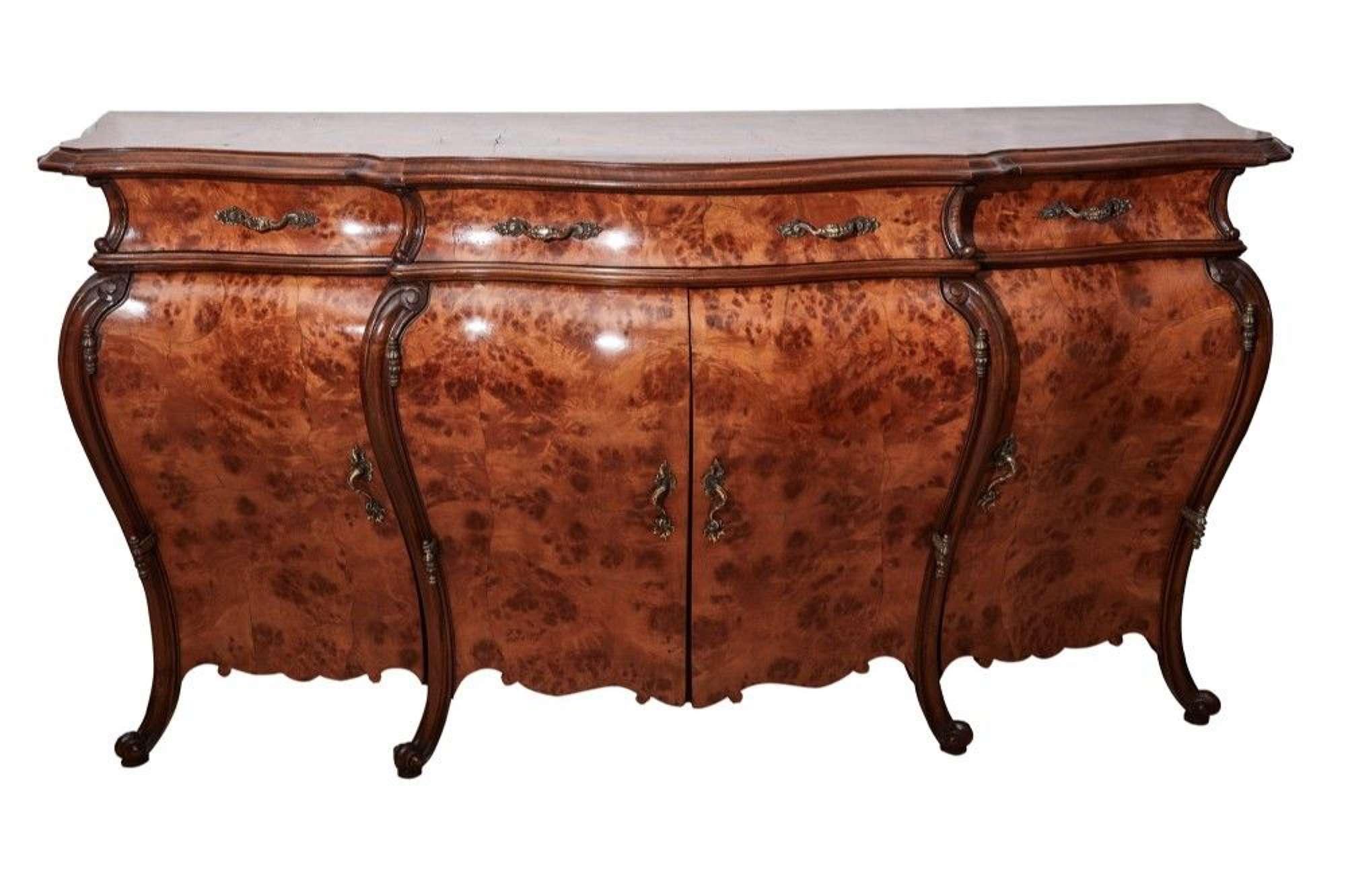 Magnificent Large Antique French Burr Walnut Bombe Shaped Sideboard