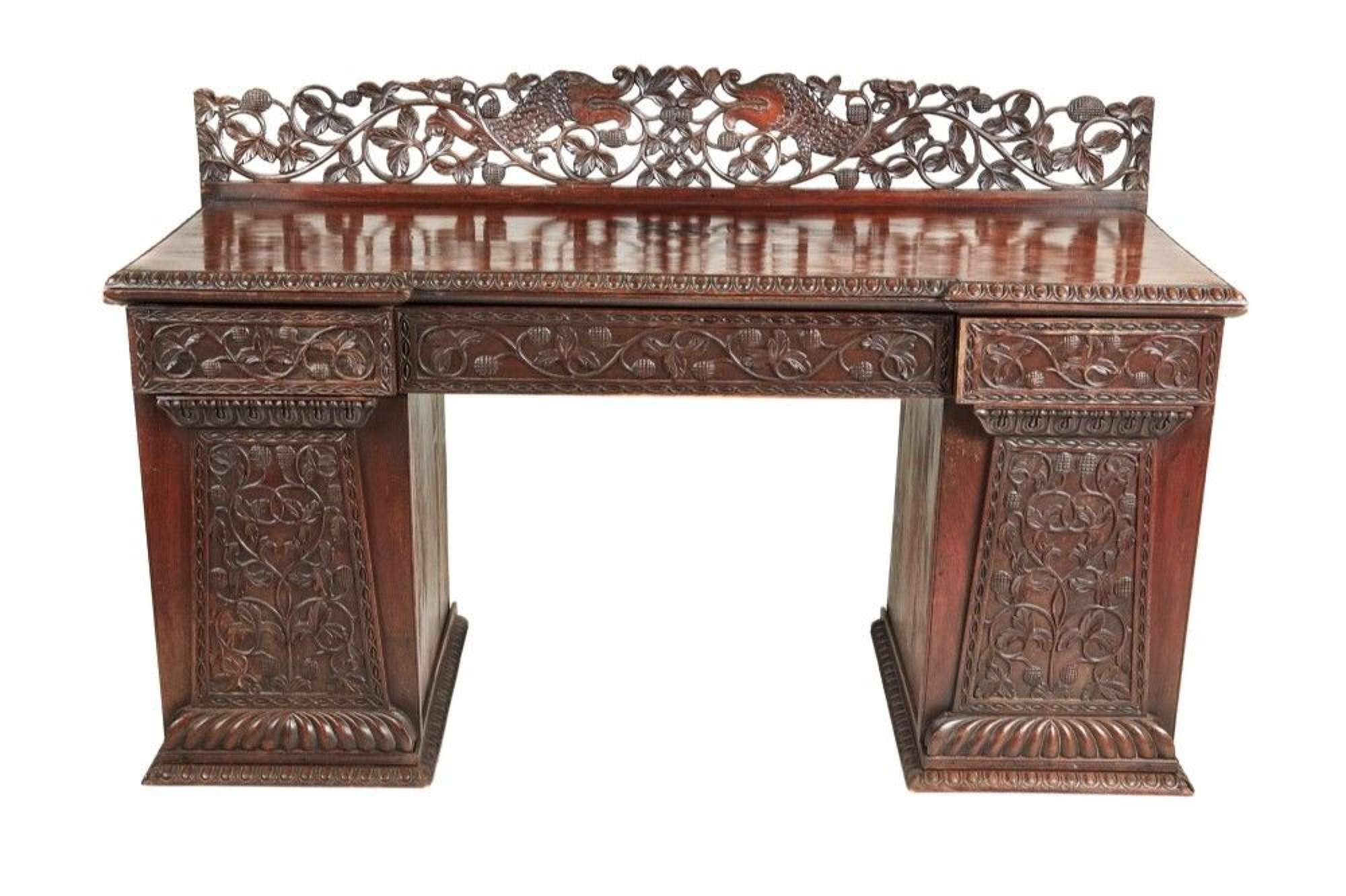 Ornate Small Carved Anglo-indian Padouk Pedestal Sideboard