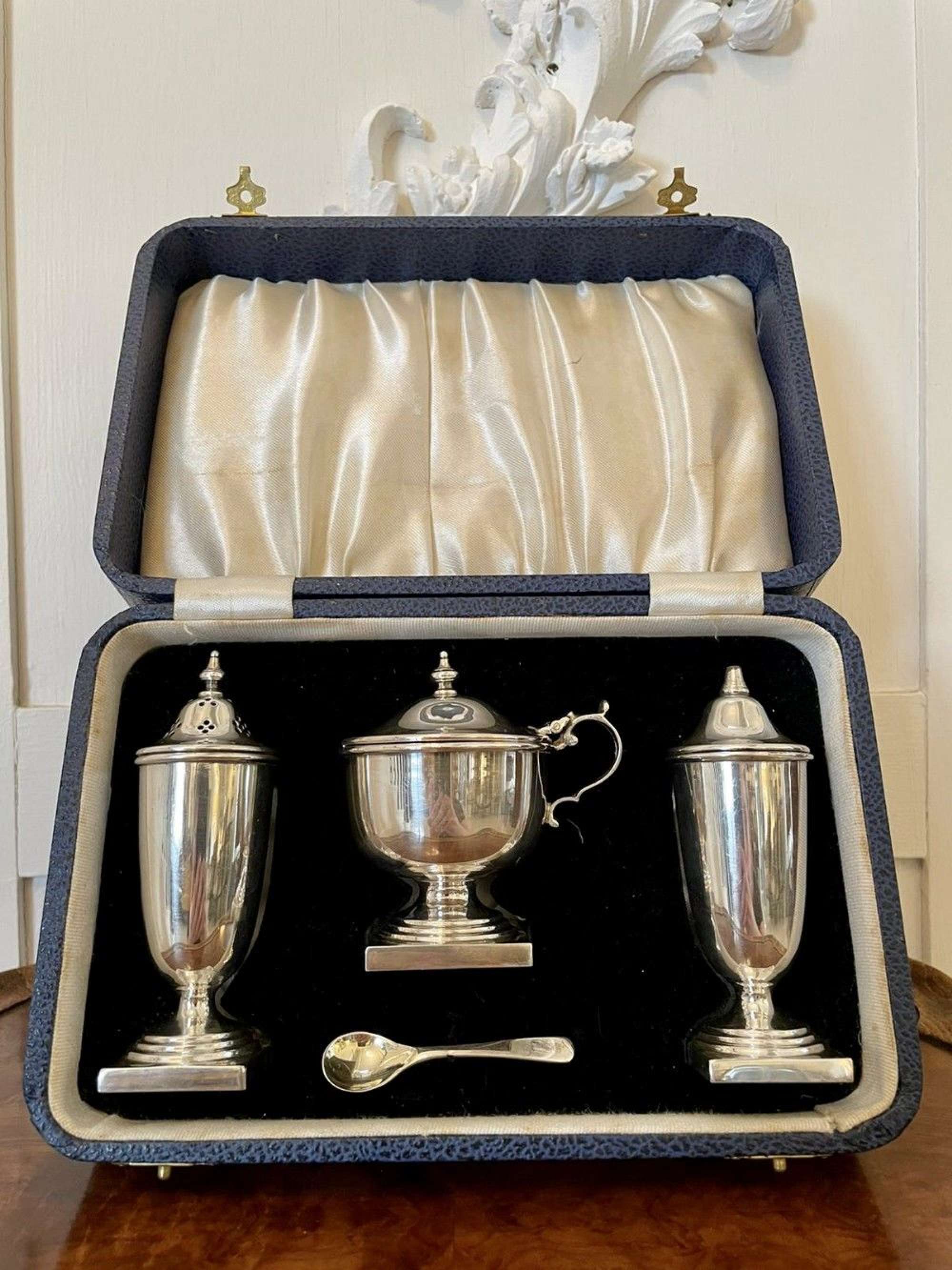 George V Cased Four Piece Solid Sterling Silver Condiment Set By Viners, Sheffield
