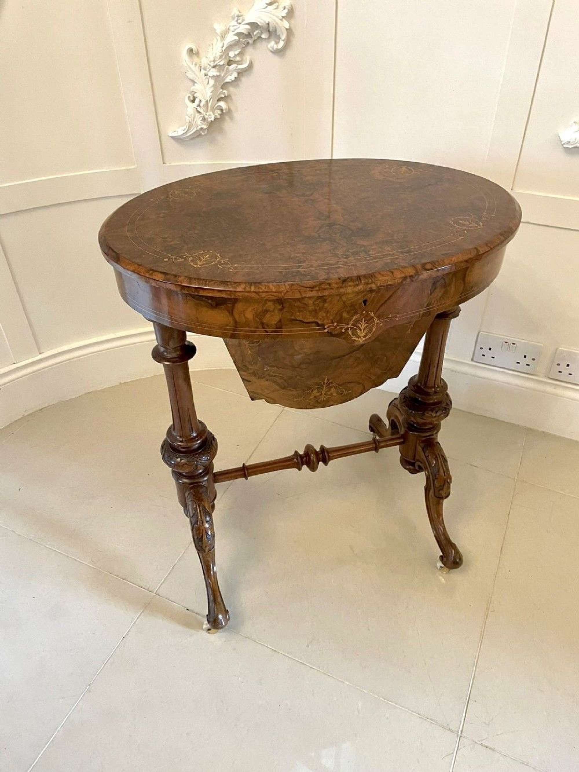 Fine Quality Antique Victorian Inlaid Burr Walnut Oval Work Table