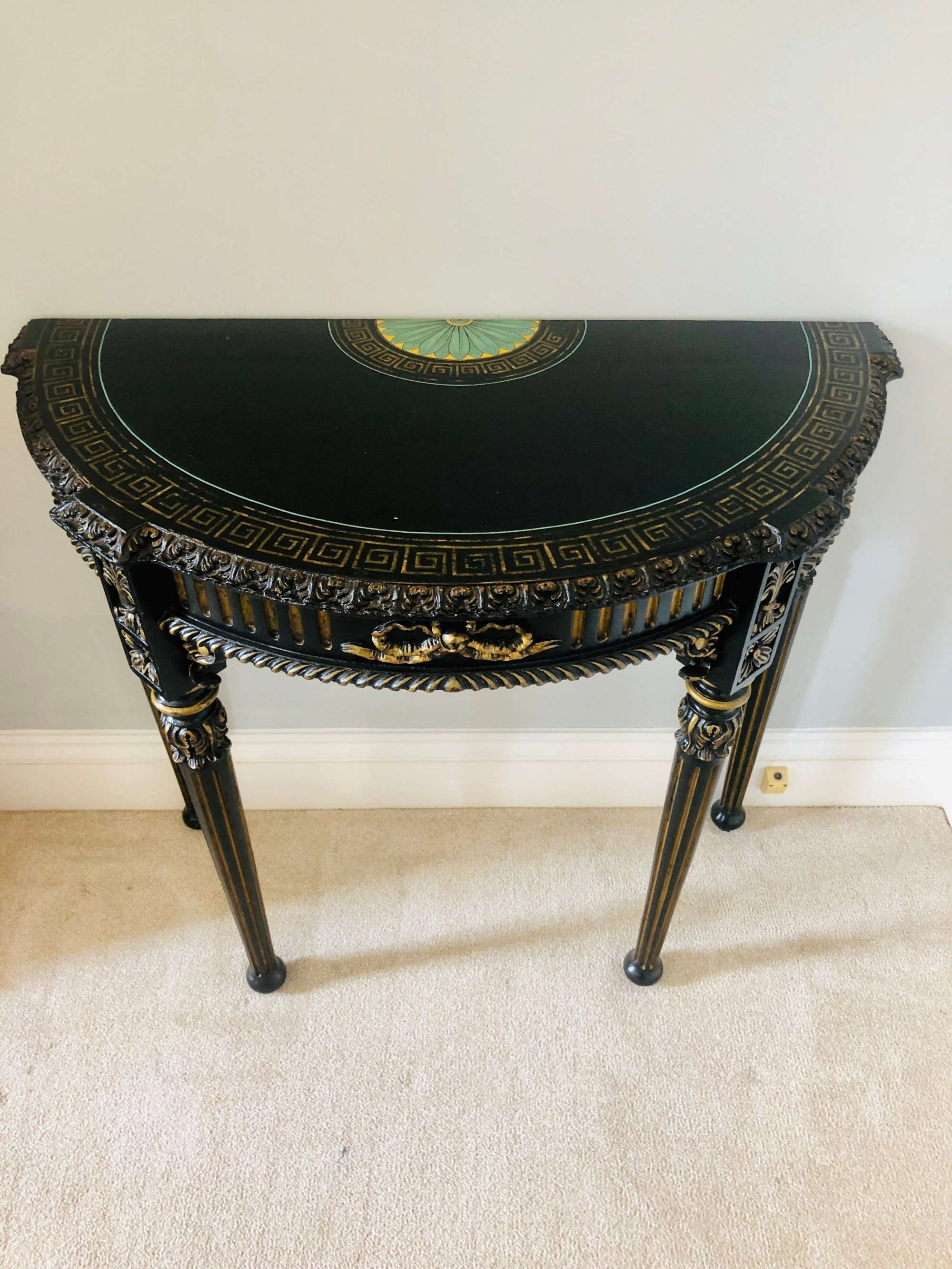 Fine Carved French Demi Lune Shaped Ebonised Antique Console Table