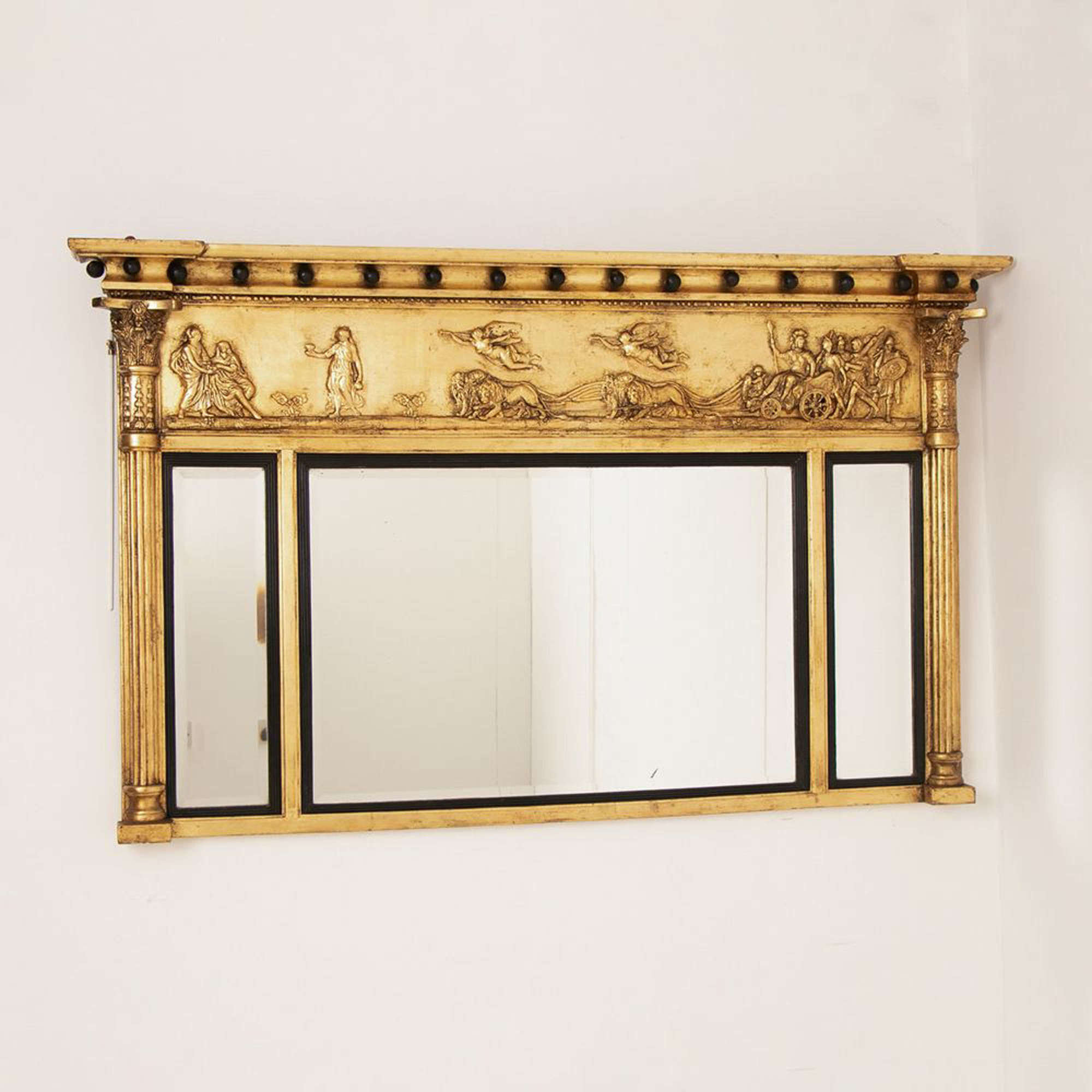 An Antique Gilded Triple Plate Wall Mirror with Chariot Frieze