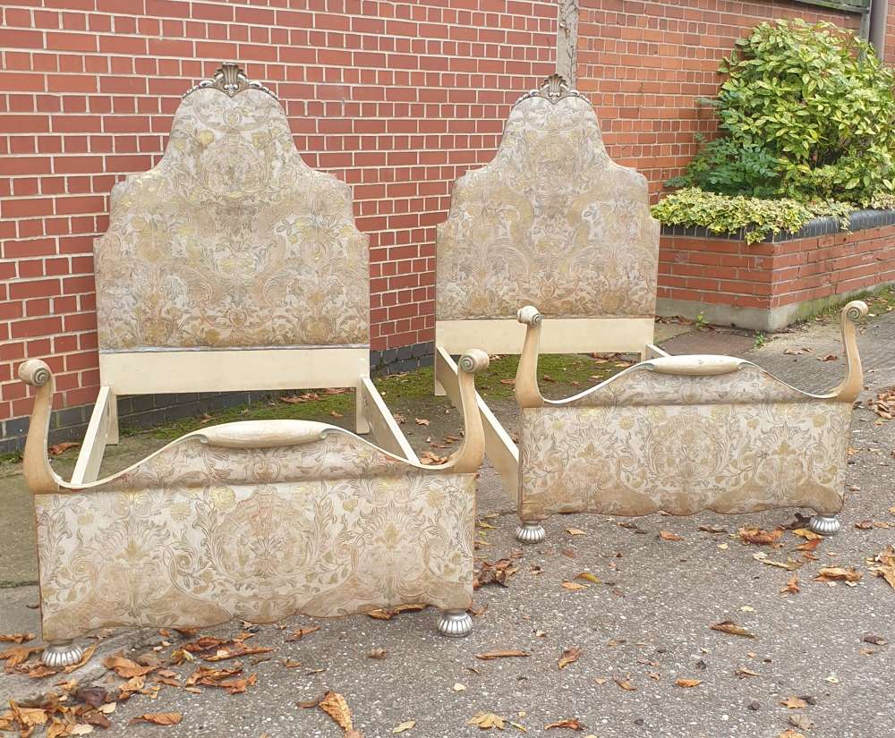 Pair Queen Anne Leather Embossed Single Beds