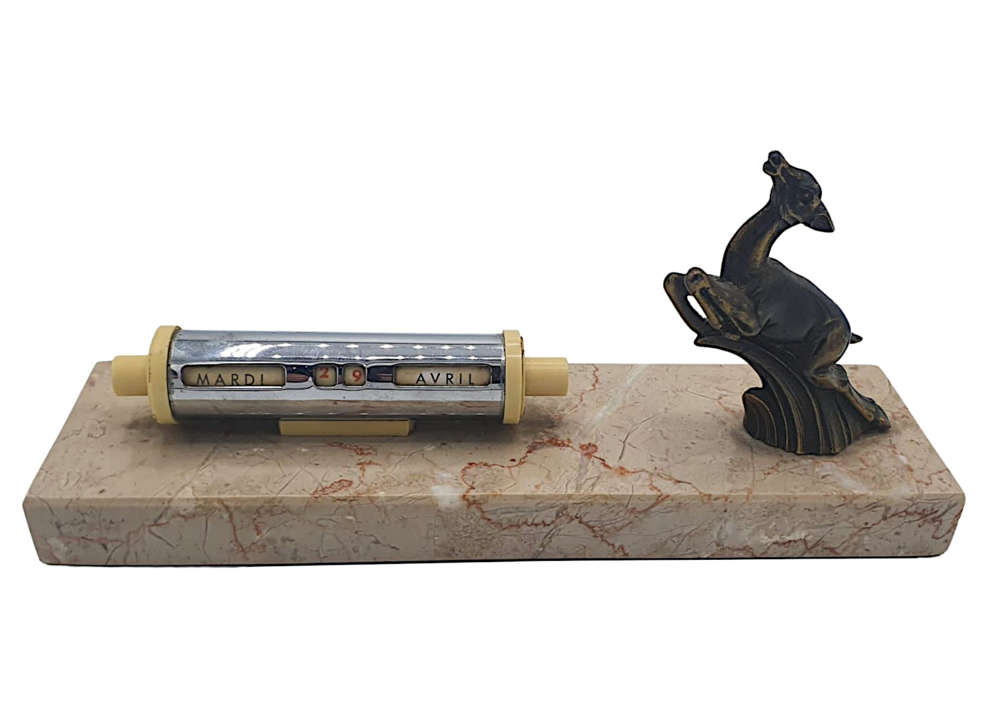 A Lovely French Art Deco Desk Calendar With A Bronze Leaping Deer