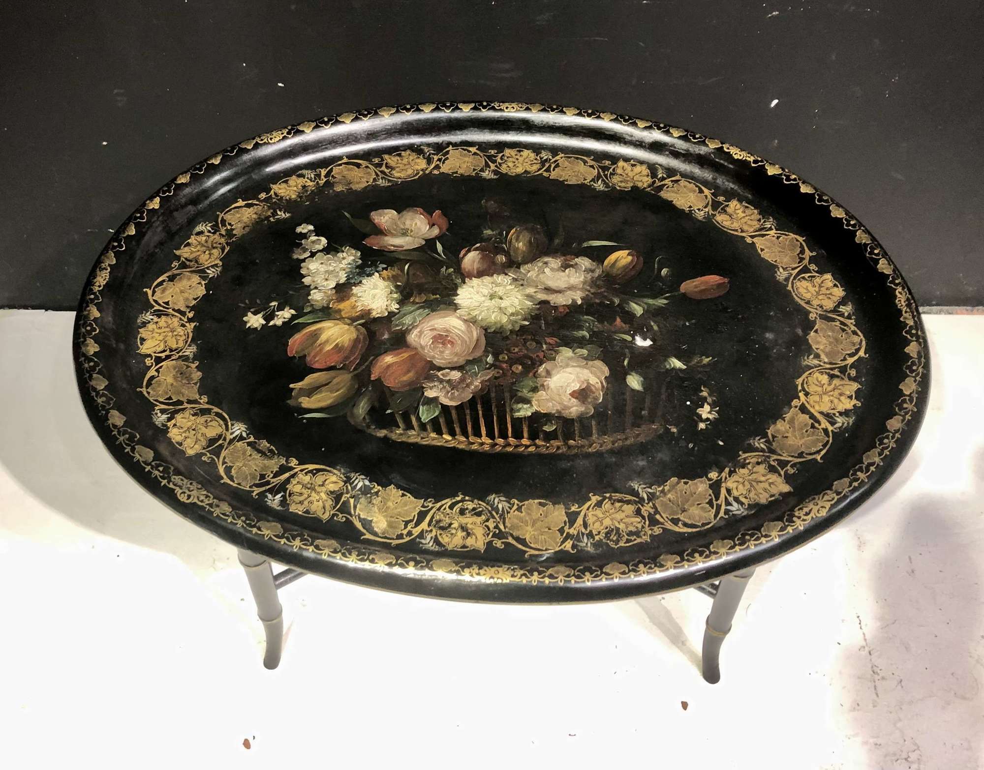 Victorian oval papier mache tray on stand.