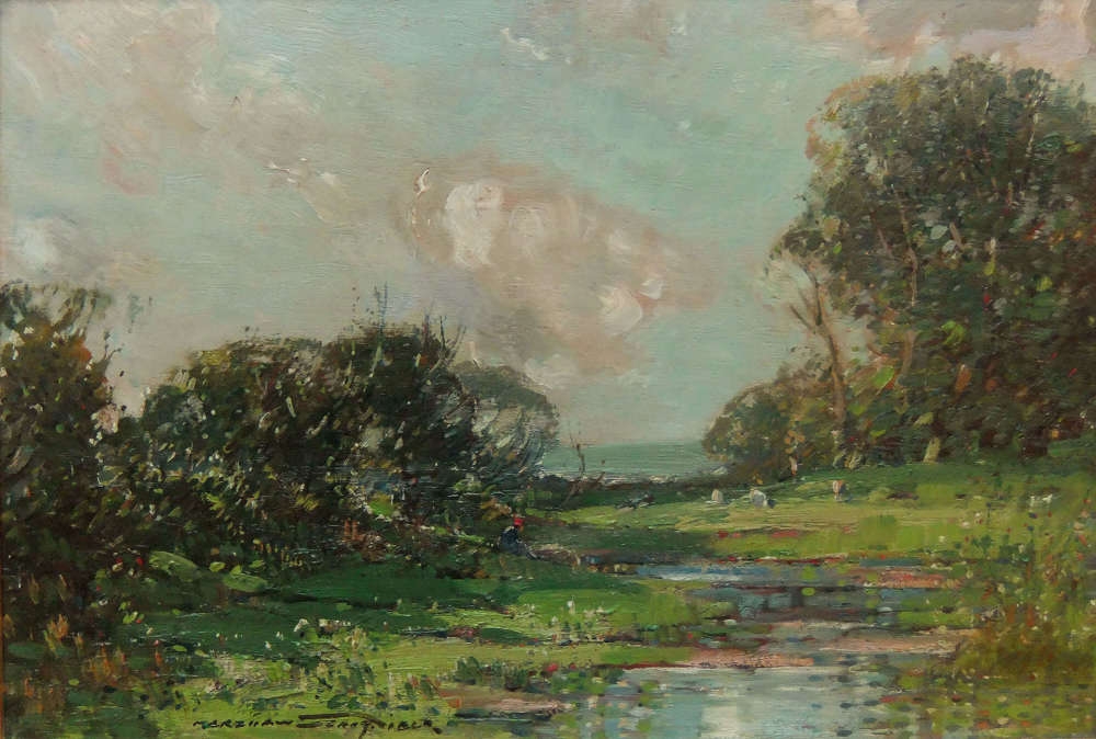 Kershaw Schofield "The Farm Pond" oil on panel