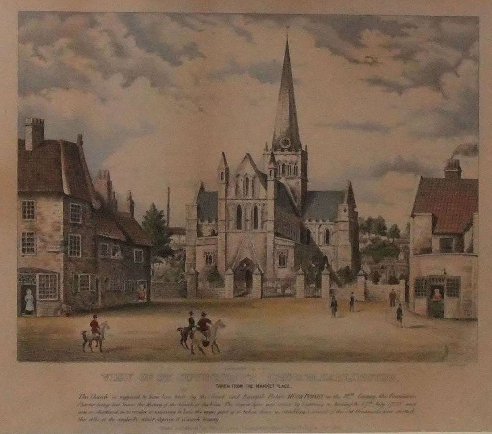 J.C.Napper Del. &amp; Lith. - VIEW OF ST. CUTHBERT'S CHURCH, DARLINGTON &amp; OLD TOWN HALL