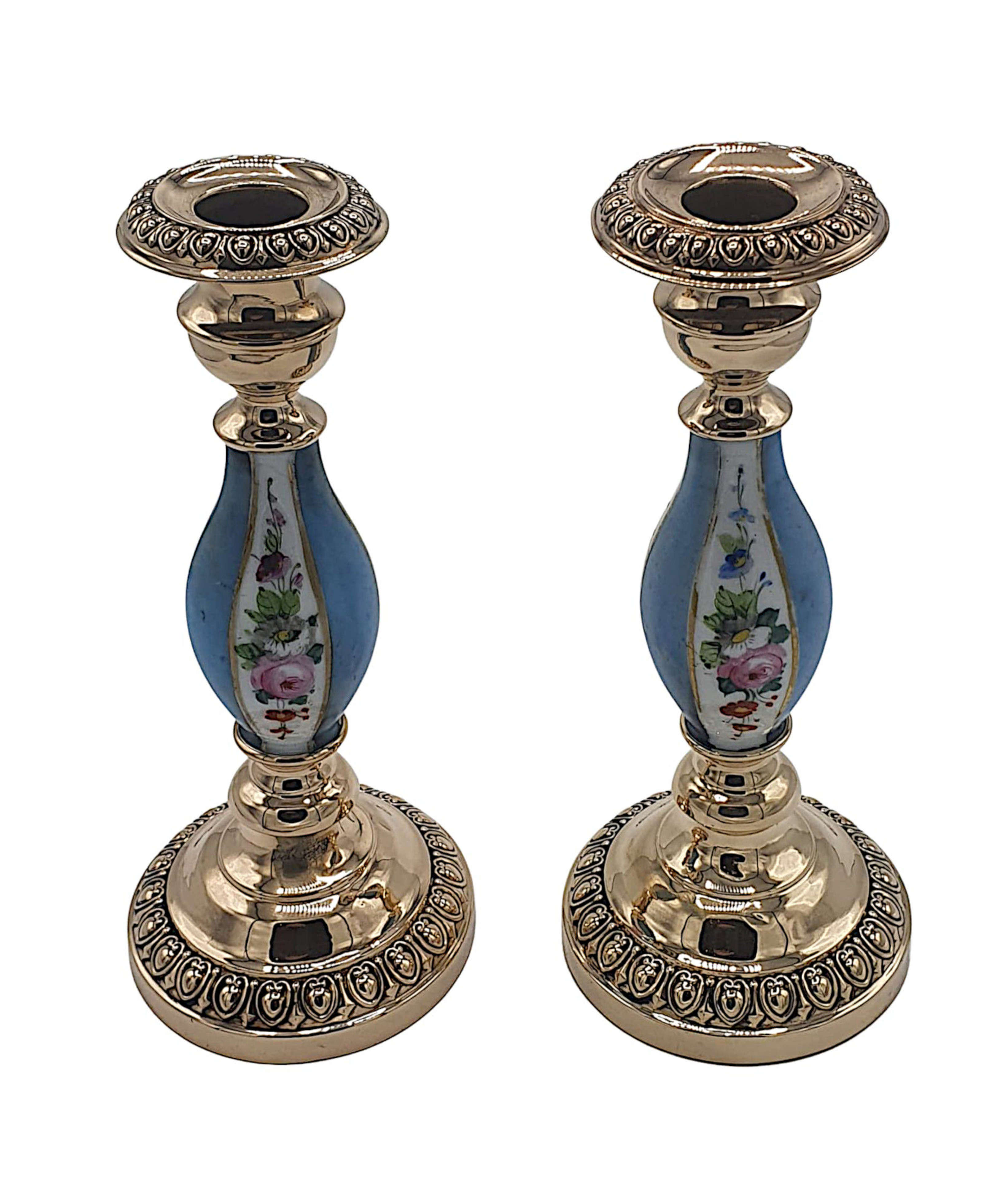 A Lovely Quality Pair of Edwardian Brass and Porcelain Candlesticks