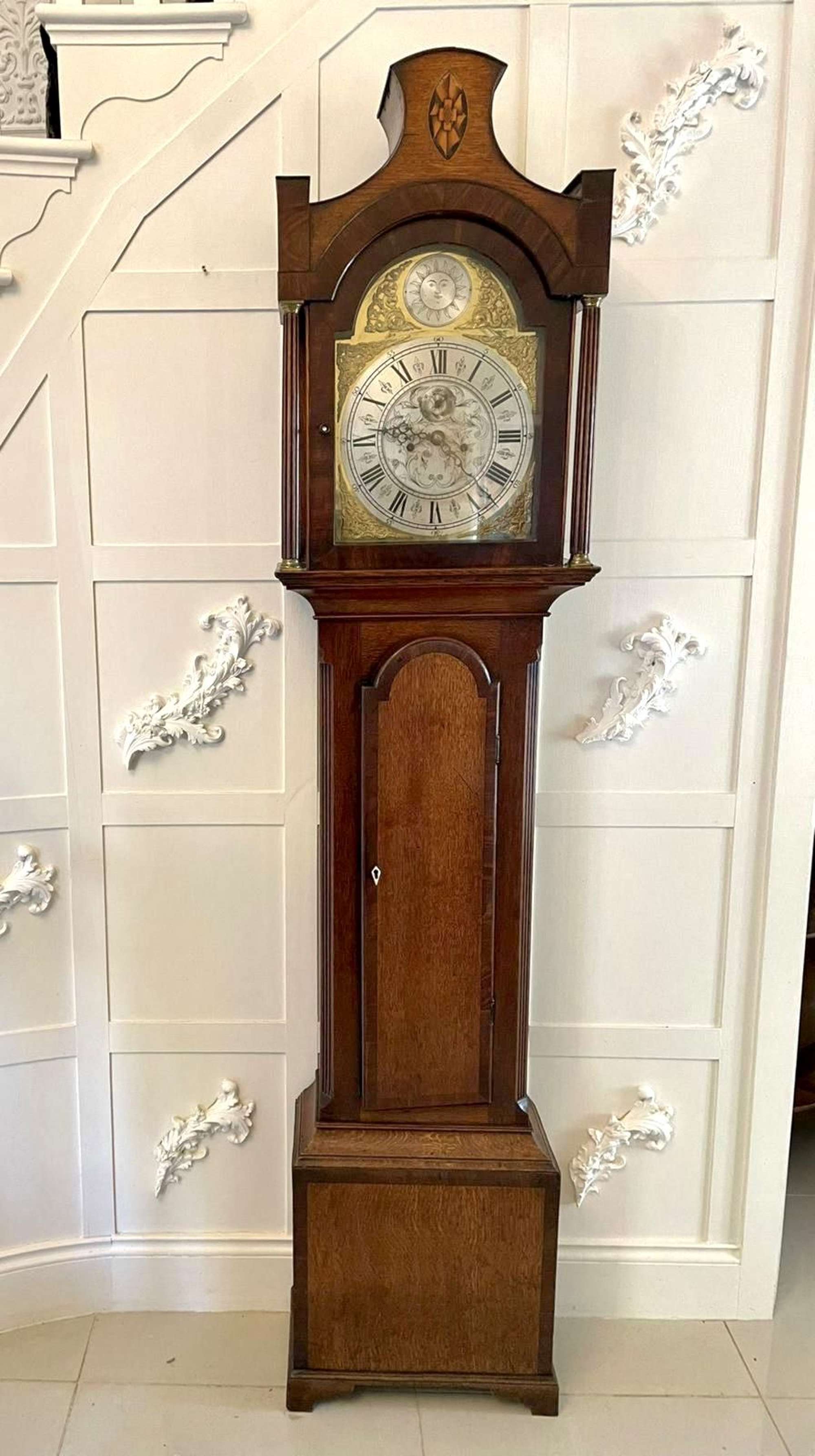 Antique George Iii Quality Eight Day Brass Face Oak Longcase Clock