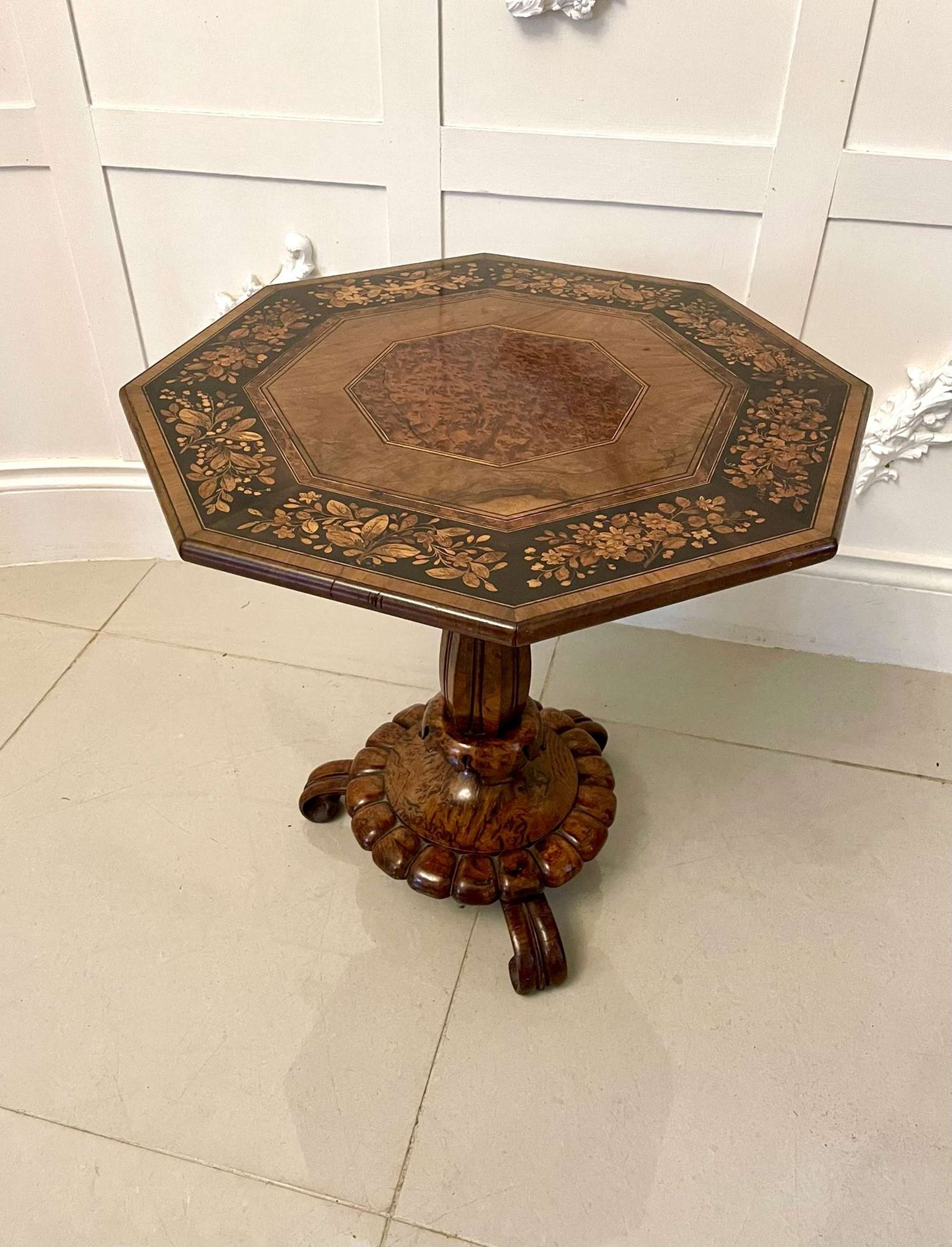 Outstanding Antique Burr Walnut & Amboyna Marquetry Inlaid Lamp Table