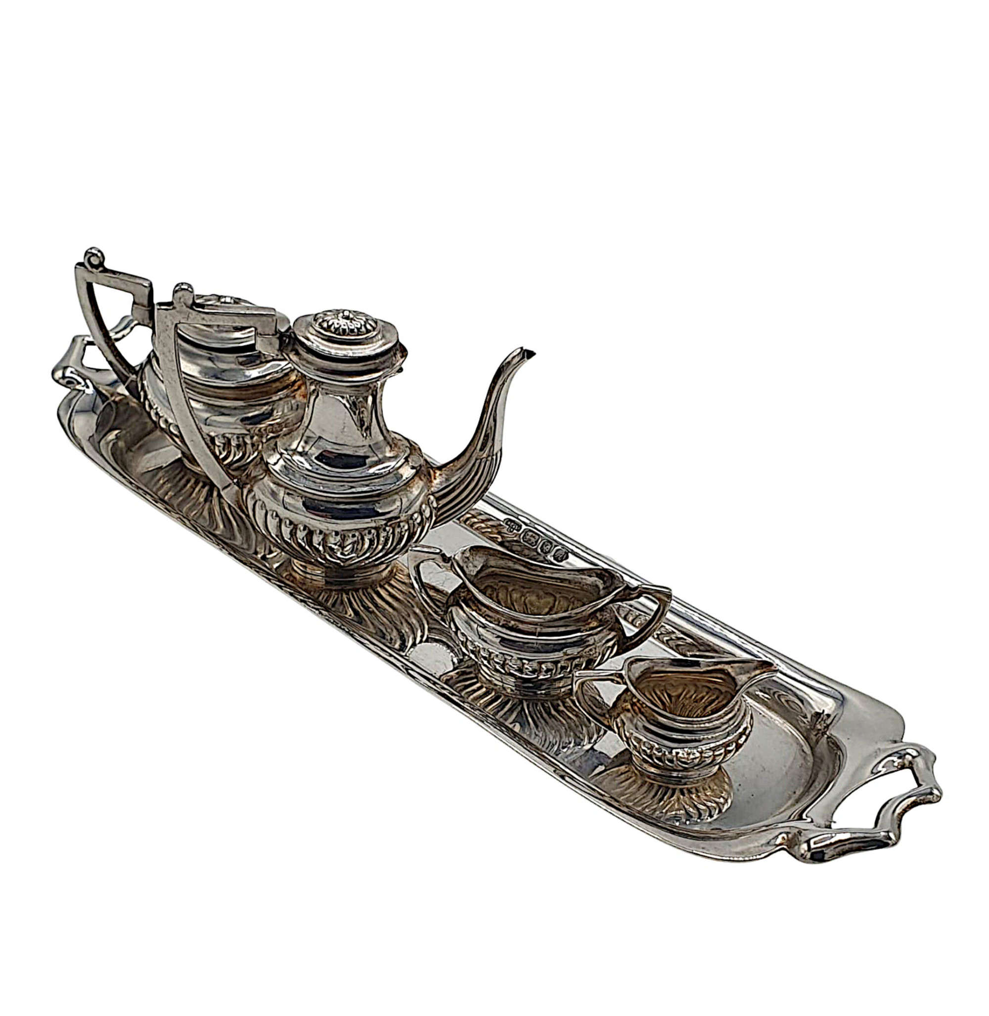 A Lovely 20th Century Sterling Silver Miniature Tea Set And Tray