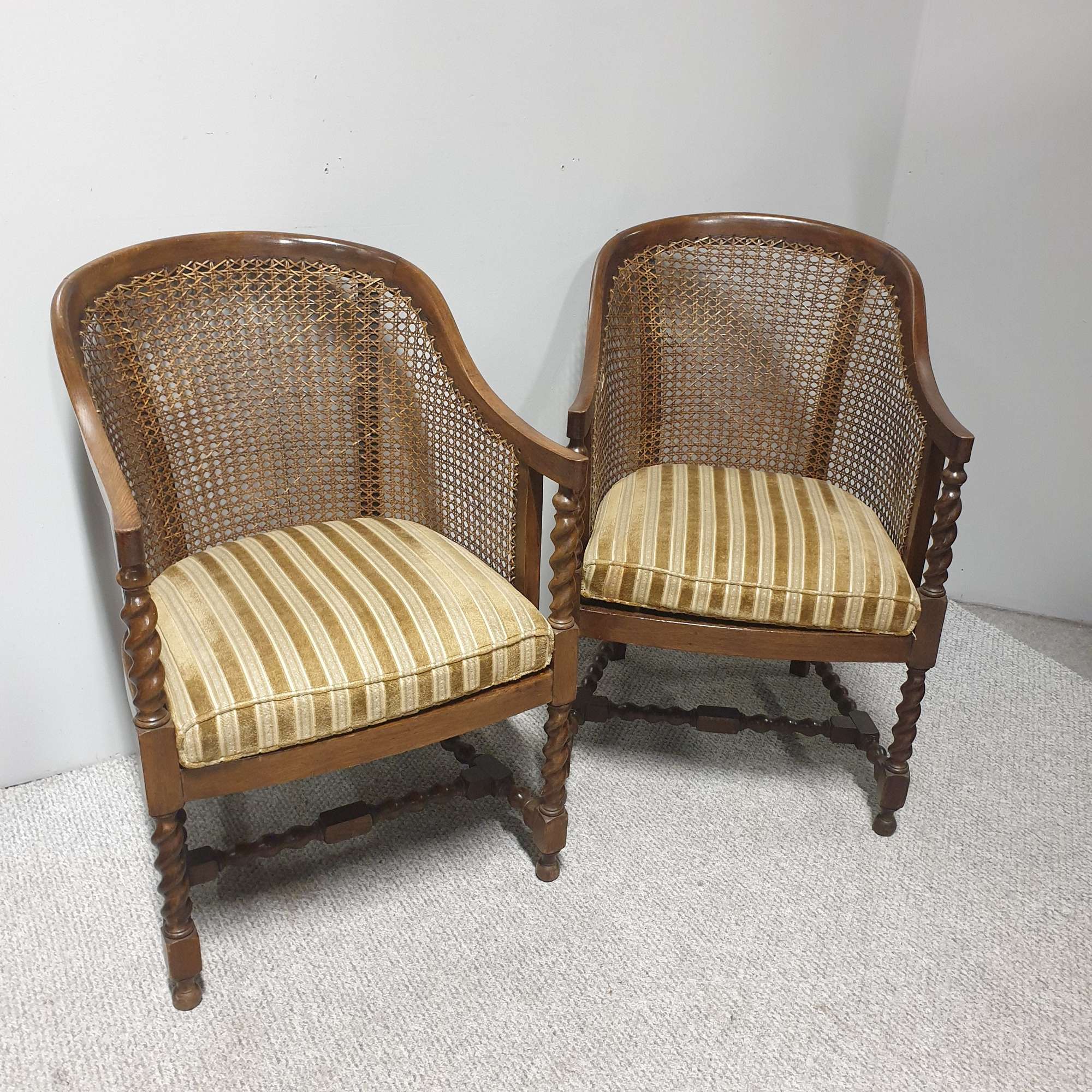 Lovely Pair Oak Bergere Library Chairs